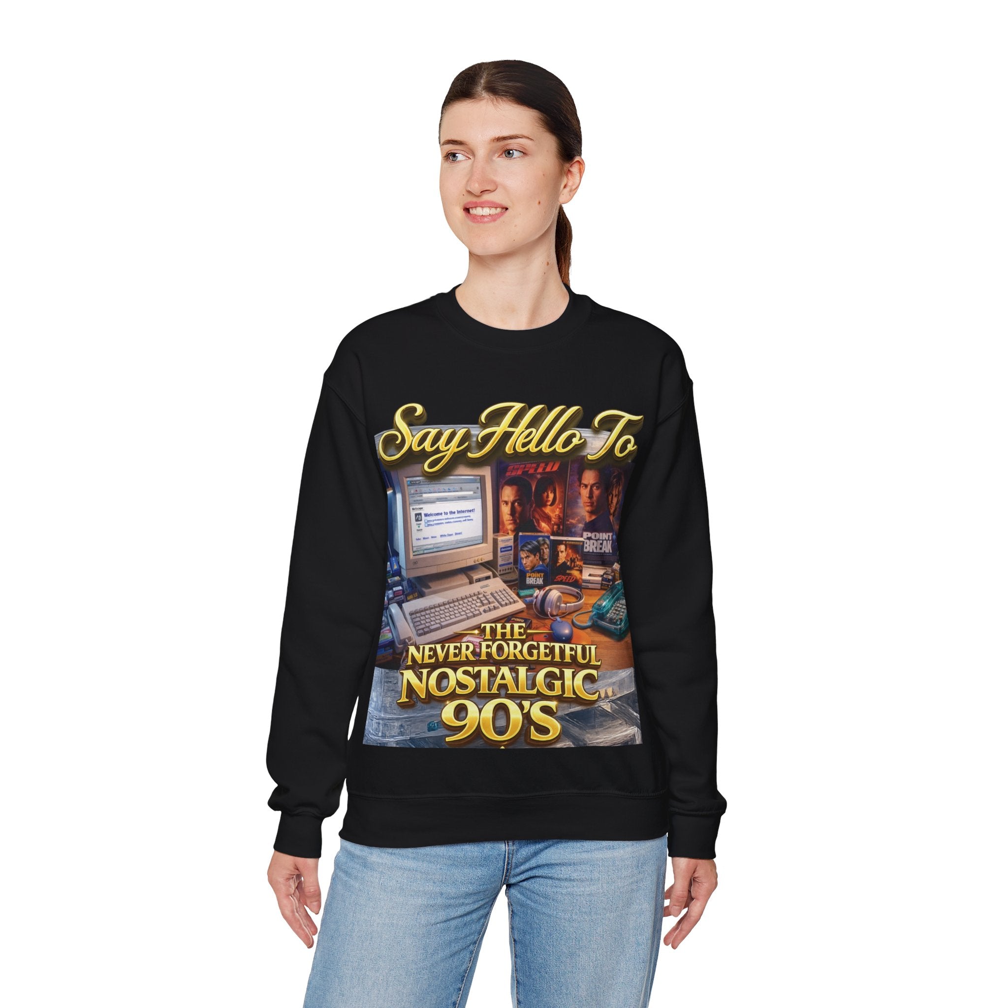 90s Nostalgia Crewneck Sweatshirt – "Say Hello To The Never Forgetful Nostalgic 90's" Printify