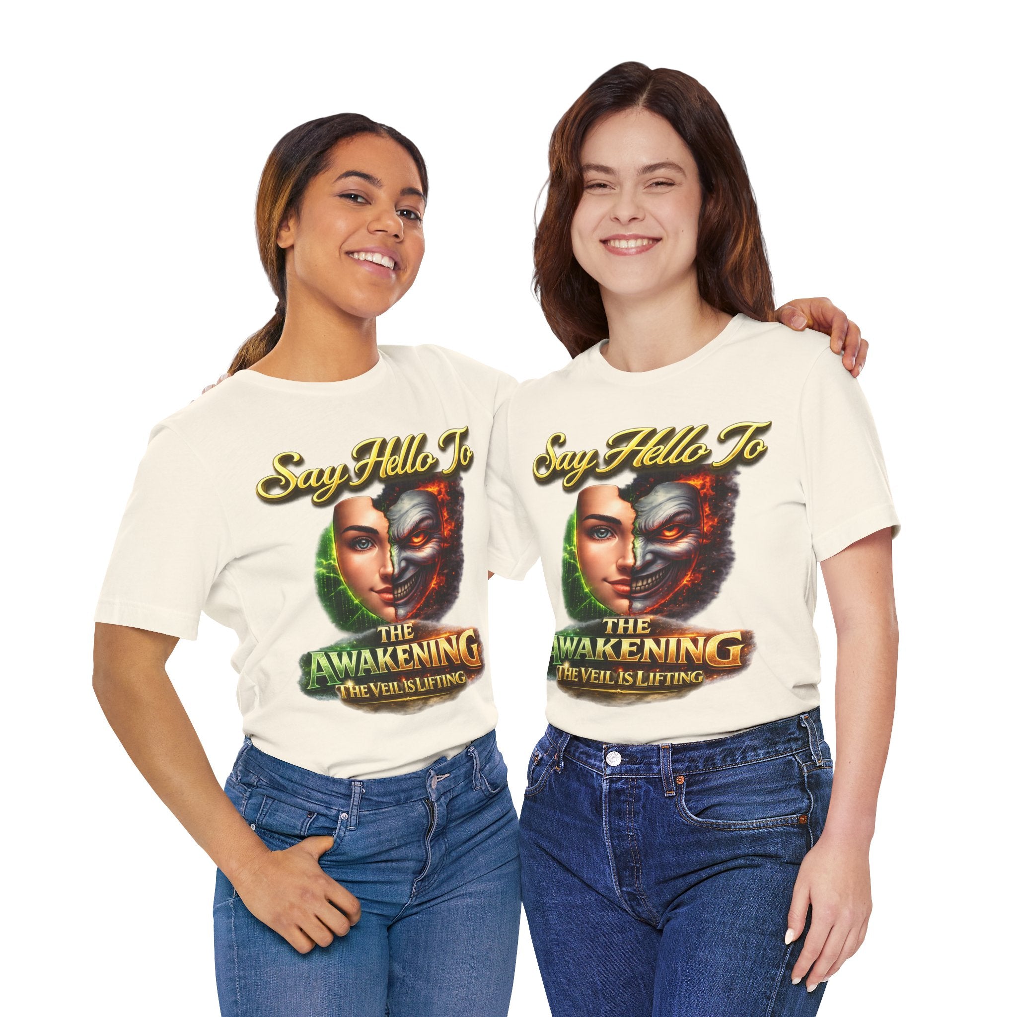 Horror Mask Split Face Tee — "Say Hello To Your Family and Friends" Graphic T-Shirt Printify