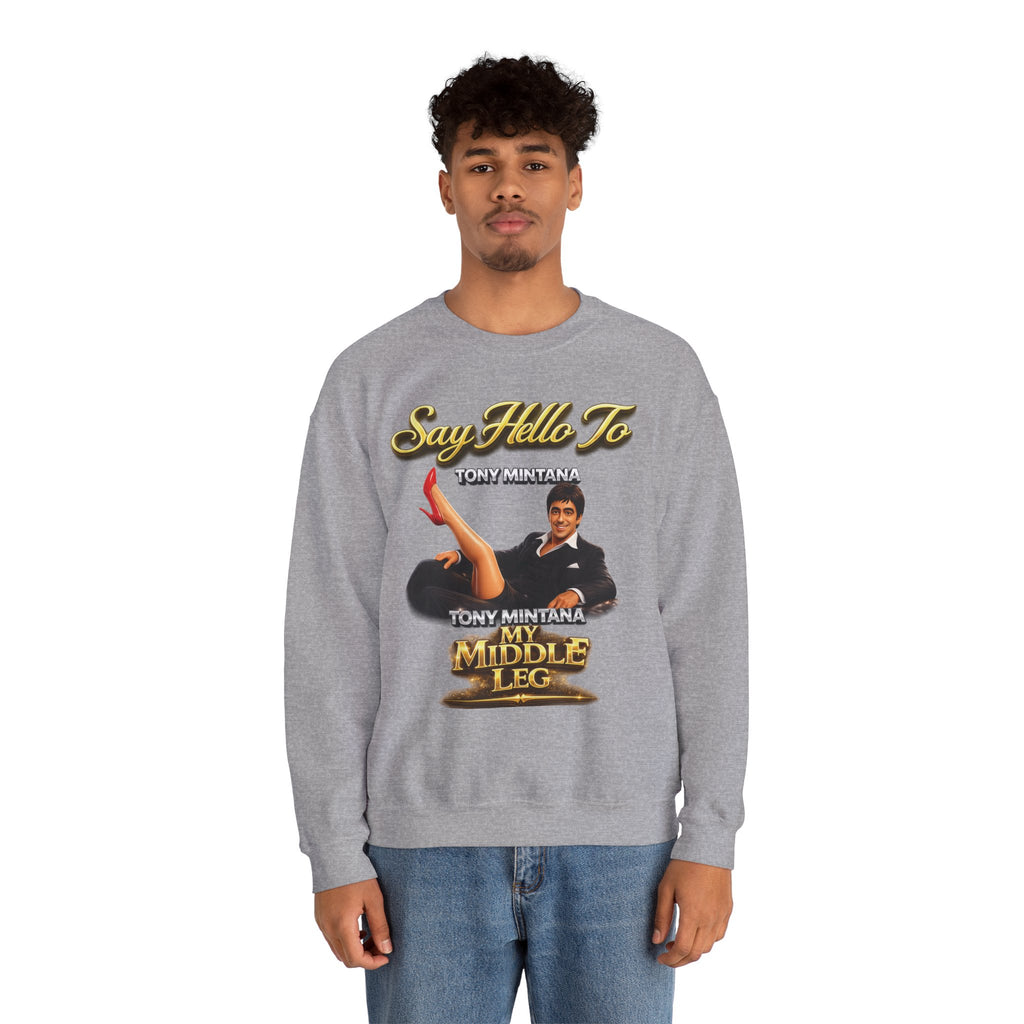 Scarface Parody Crewneck Sweatshirt — "Say Hello to My Middle Leg" Graphic Printify