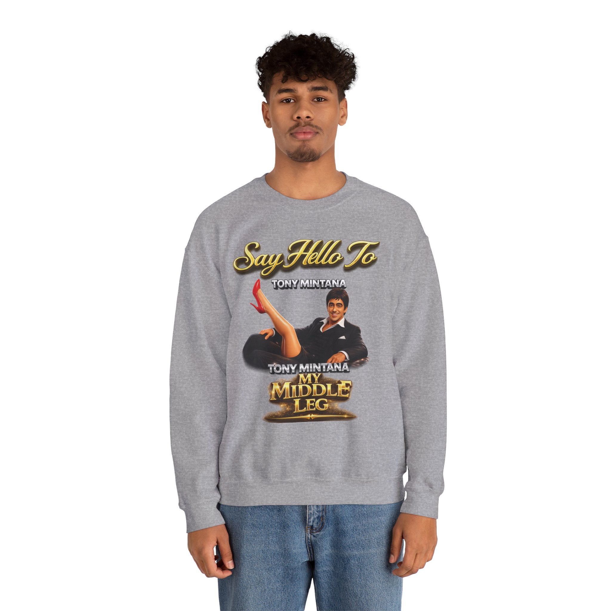 Scarface Parody Crewneck Sweatshirt — "Say Hello to My Middle Leg" Graphic Printify