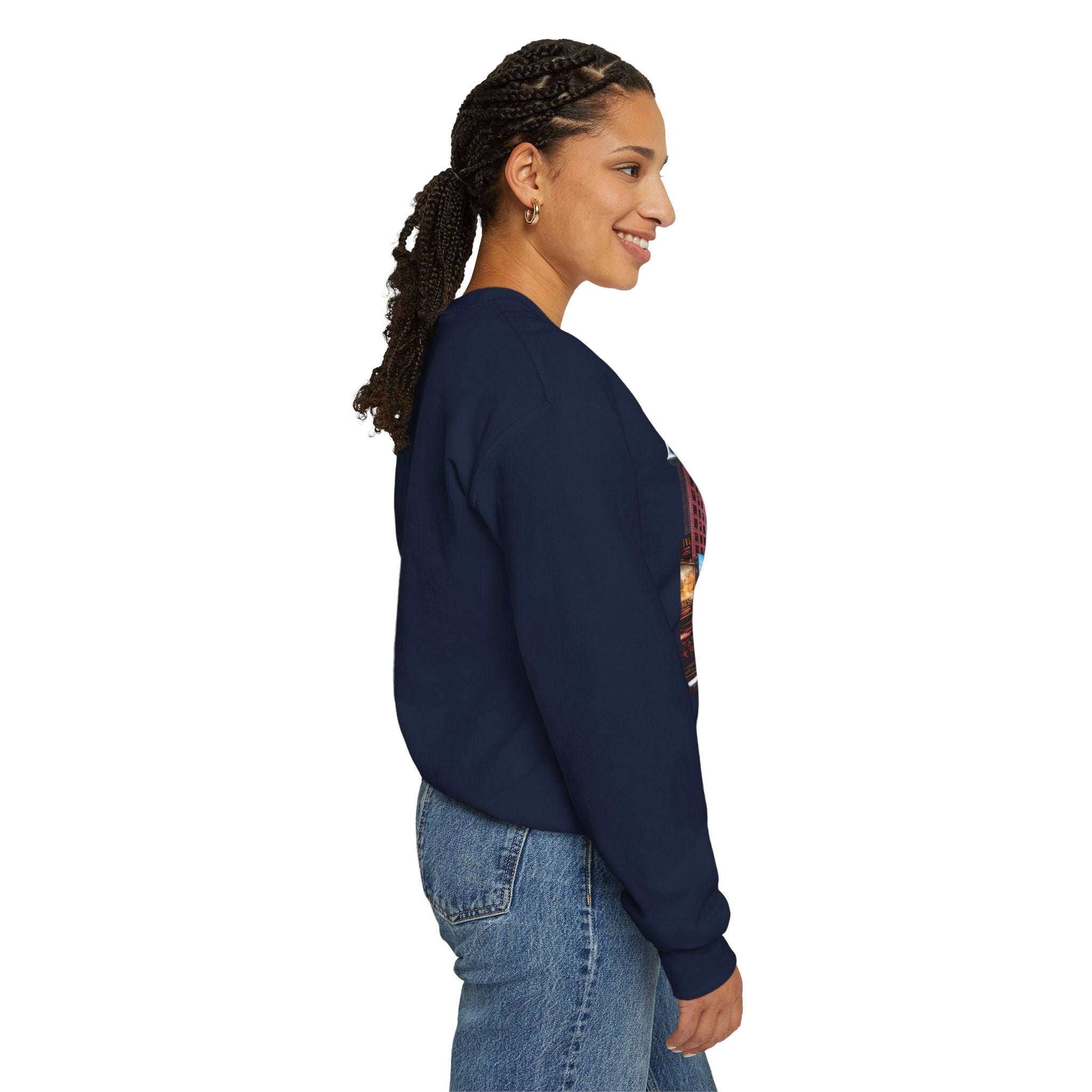 Crewneck Sweatshirt — Times Square Photo with Motivational Script “Nothing Out Here Helps You… That’s What Makes You Stronger” Printify
