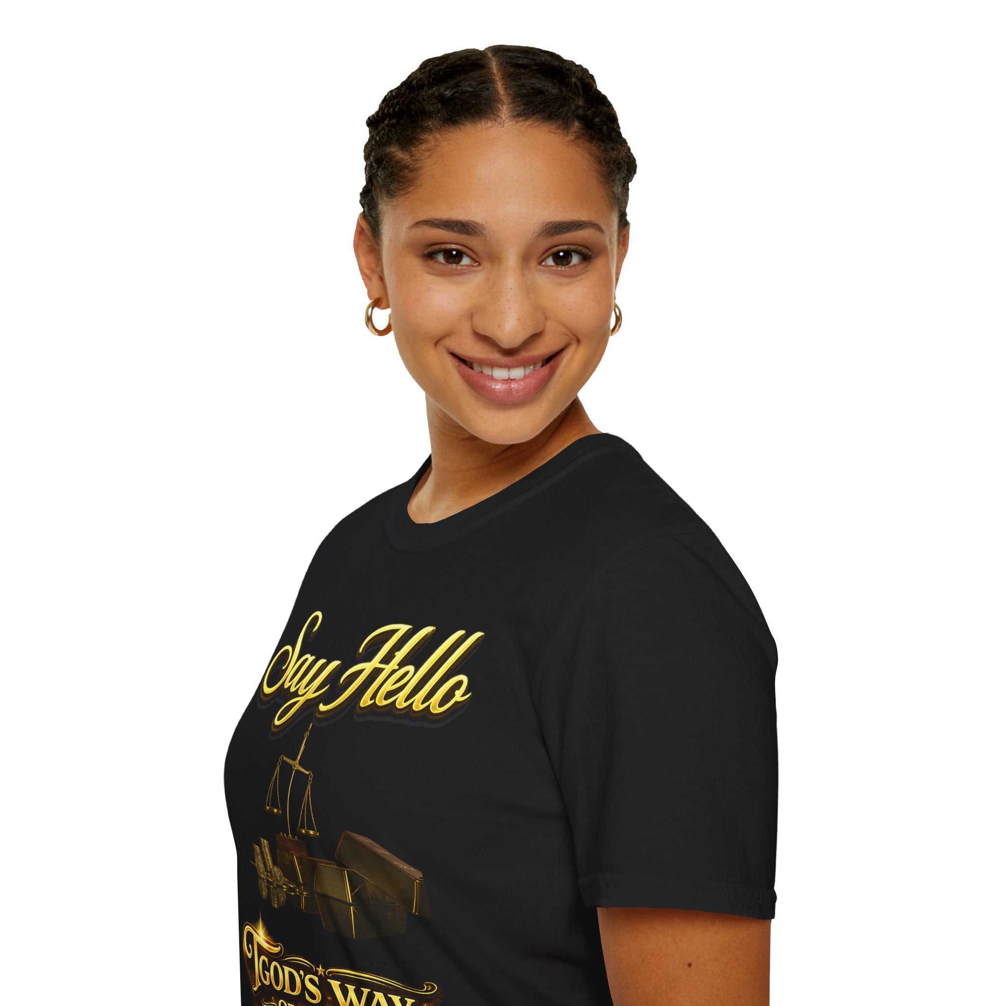 T-Shirt — "Say Hello" Money & Faith Graphic Tee (God's Way You Make Too Much Money) Printify