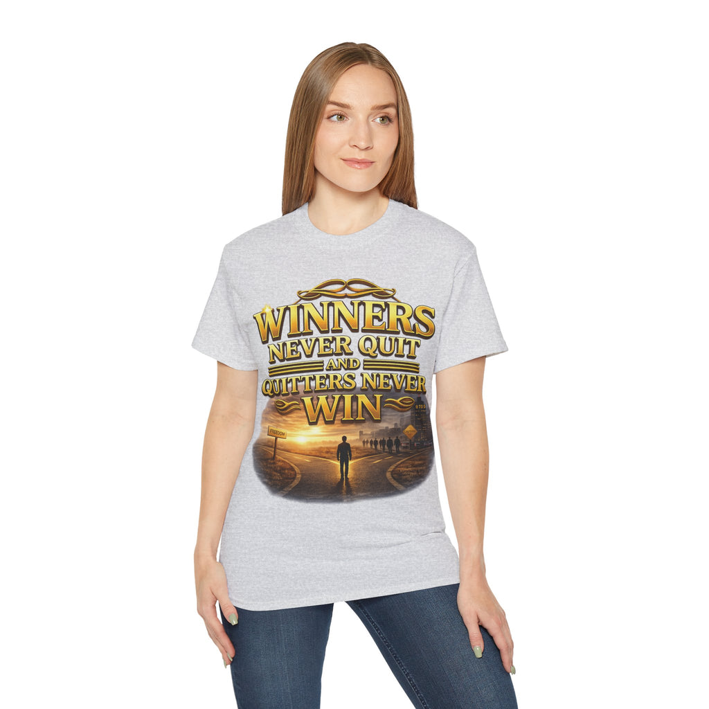 Winners Never Quit Inspirational Tee — Motivational Quote Shirt Printify