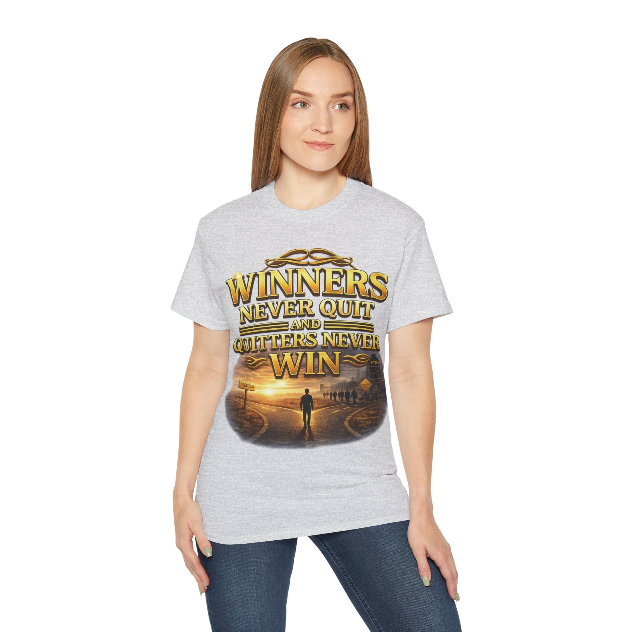 Winners Never Quit Inspirational Tee — Motivational Quote Shirt Printify