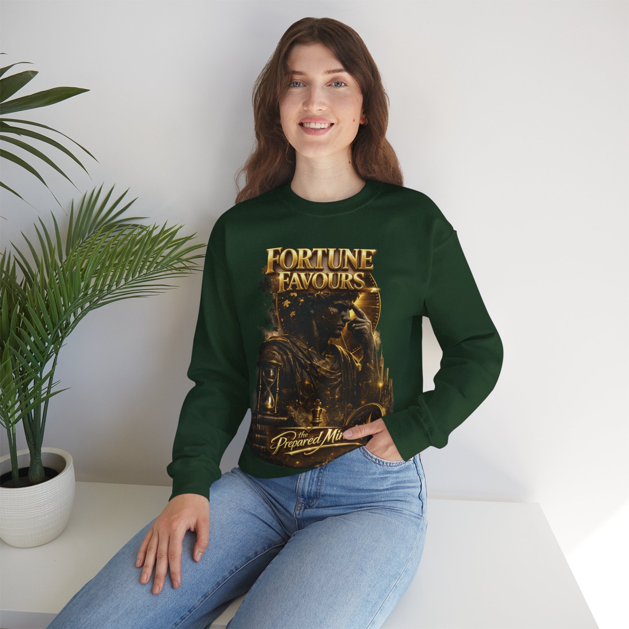 Crewneck Sweatshirt — "Fortune Favors the Prepared Mind" Motivational Design Printify