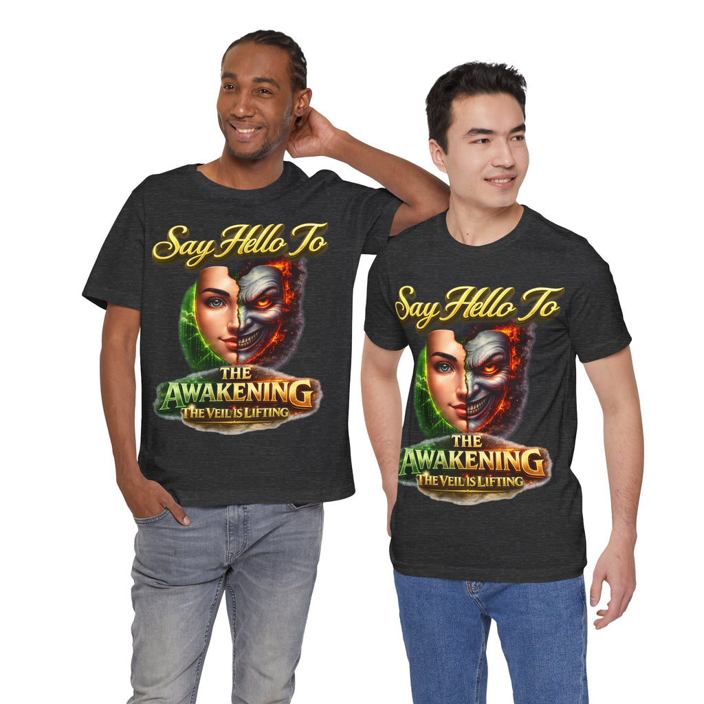 Horror Mask Split Face Tee — "Say Hello To Your Family and Friends" Graphic T-Shirt Printify