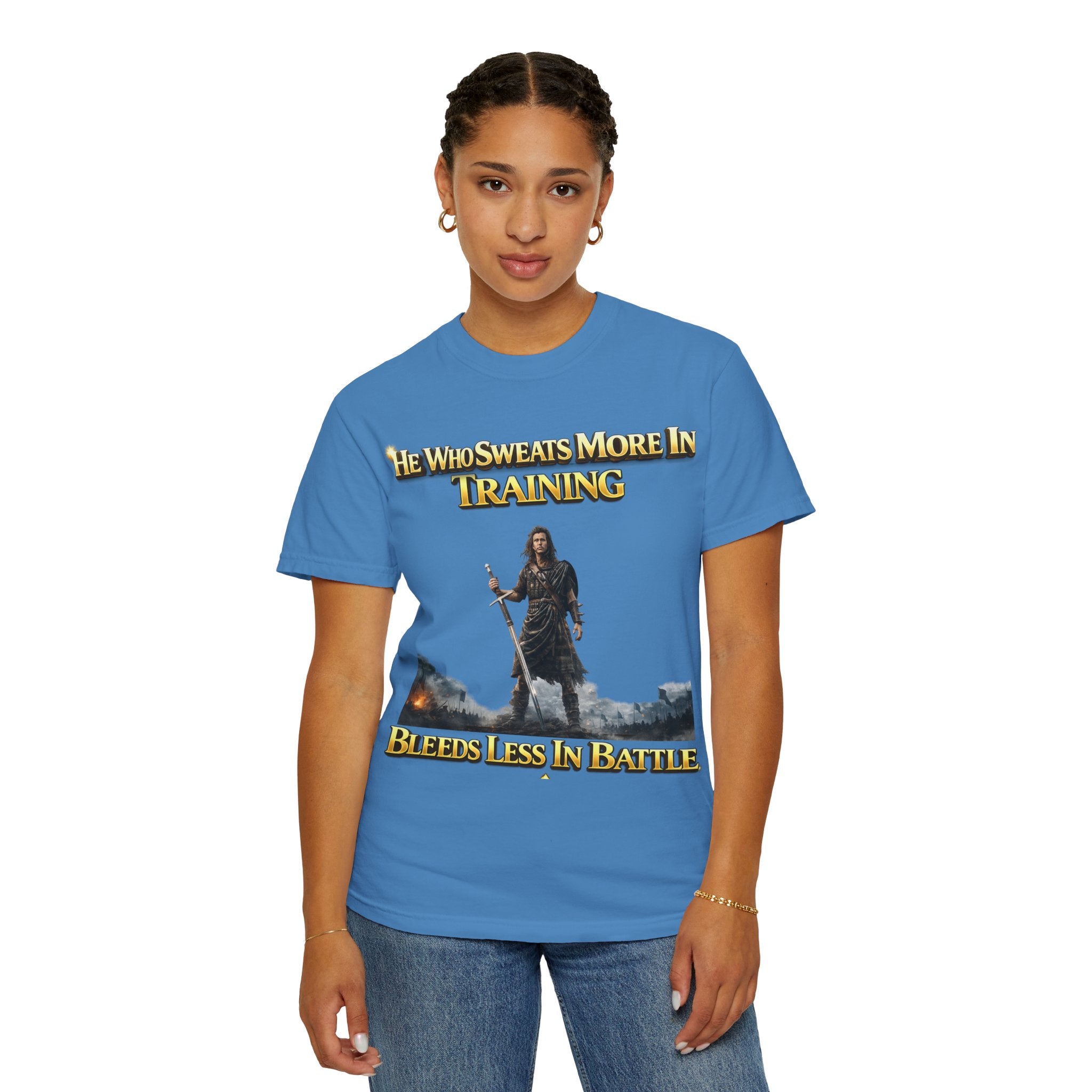 Training Warrior T-Shirt — "He Who Sweats More in Training Bleeds Less in Battle" Printify