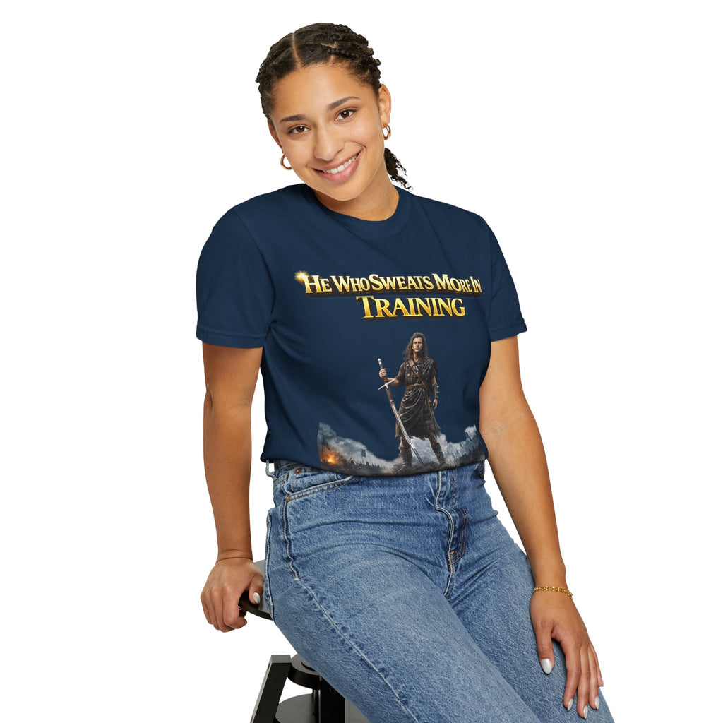 Training Warrior T-Shirt — "He Who Sweats More in Training Bleeds Less in Battle" Printify