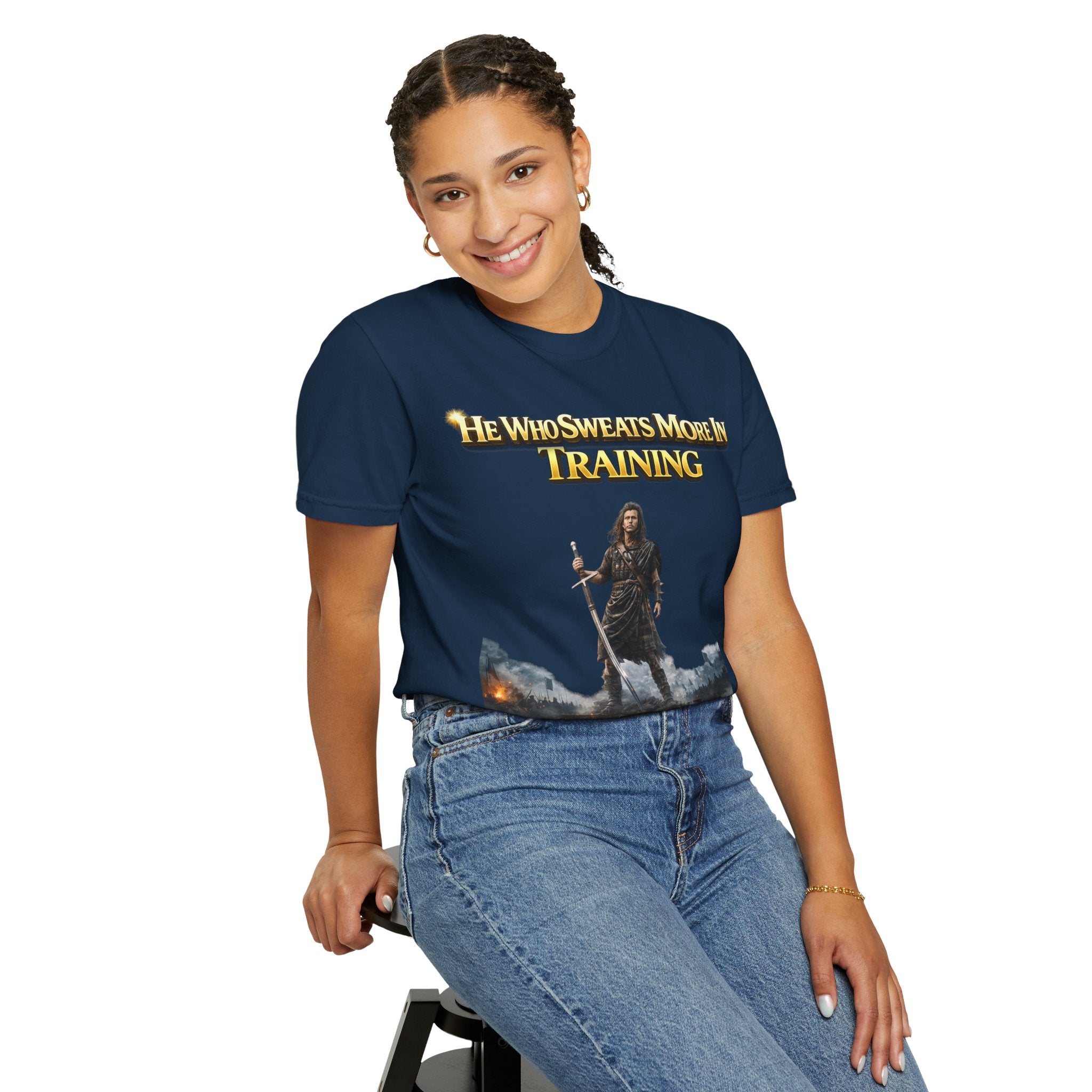 Training Warrior T-Shirt — "He Who Sweats More in Training Bleeds Less in Battle" Printify