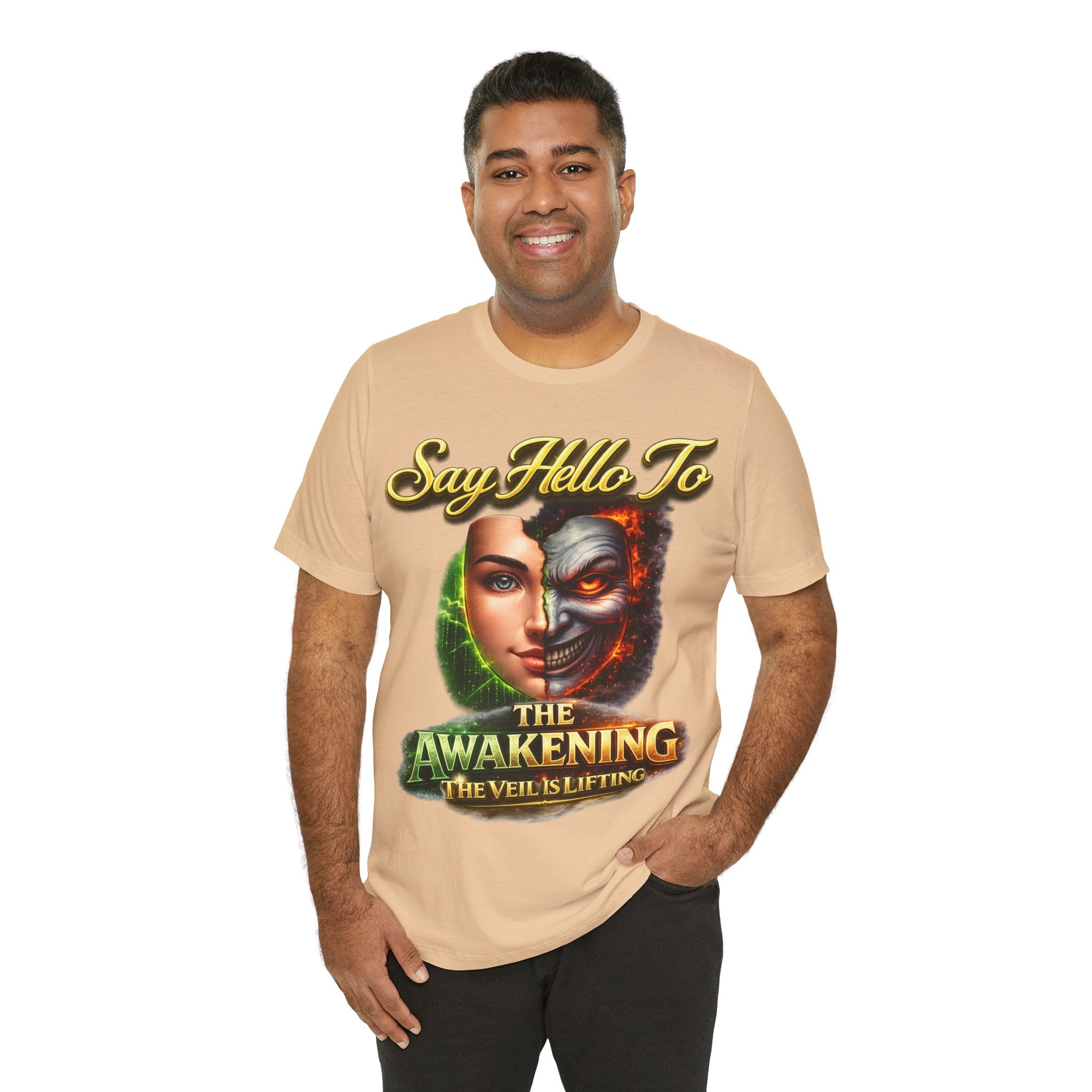 Horror Mask Split Face Tee — "Say Hello To Your Family and Friends" Graphic T-Shirt Printify
