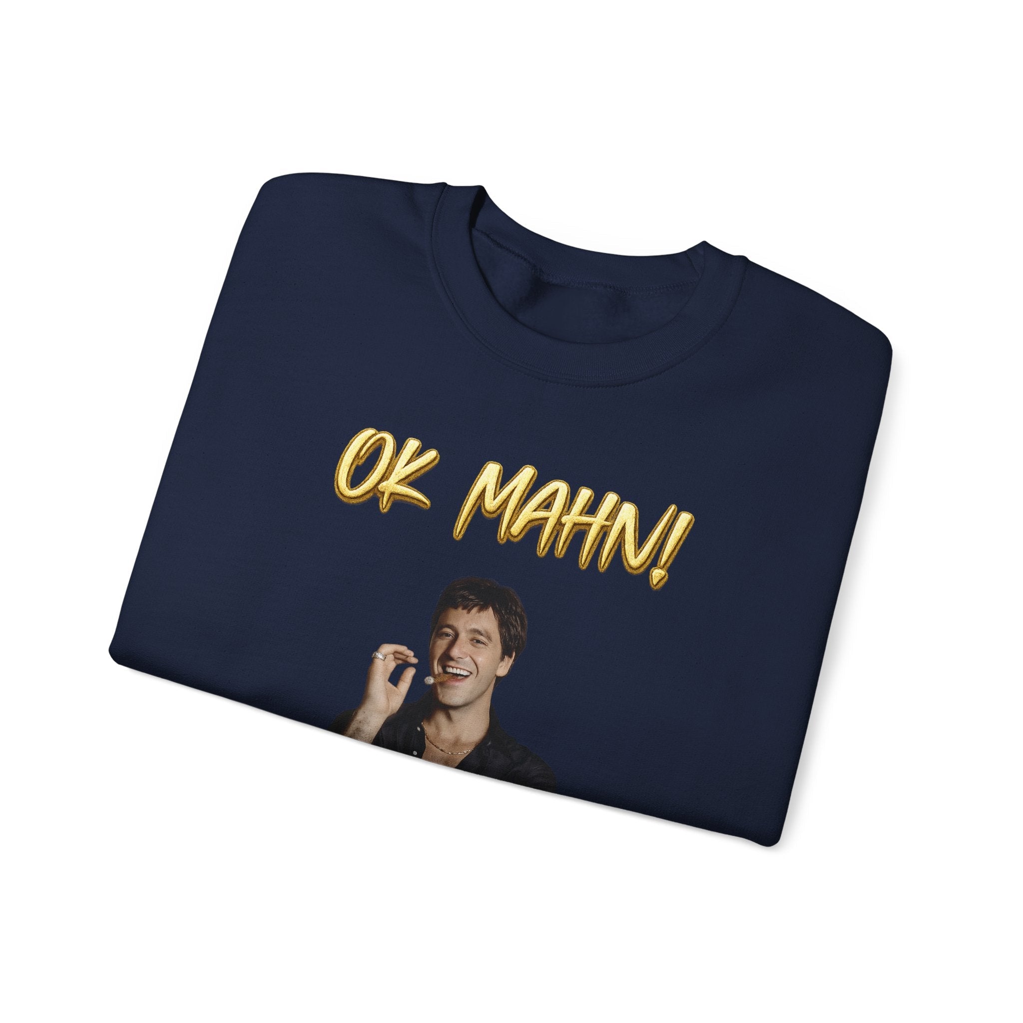 Crewneck Sweatshirt — 'Ok Mahn!' Gold Script Minimalist Streetwear Printify