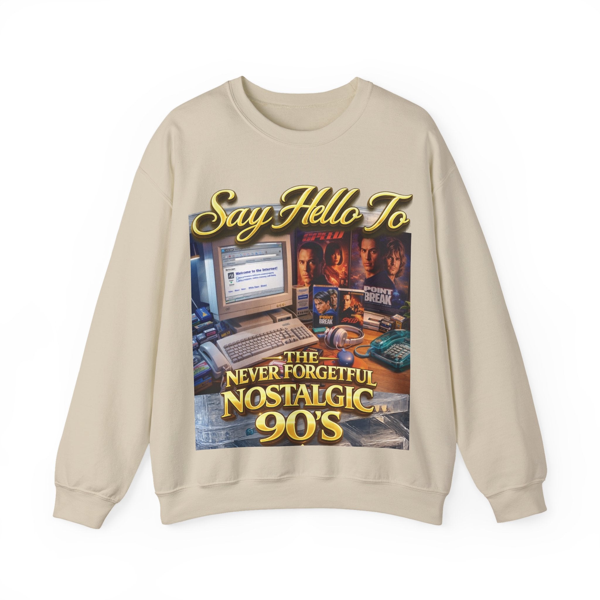 90s Nostalgia Crewneck Sweatshirt – "Say Hello To The Never Forgetful Nostalgic 90's" Printify