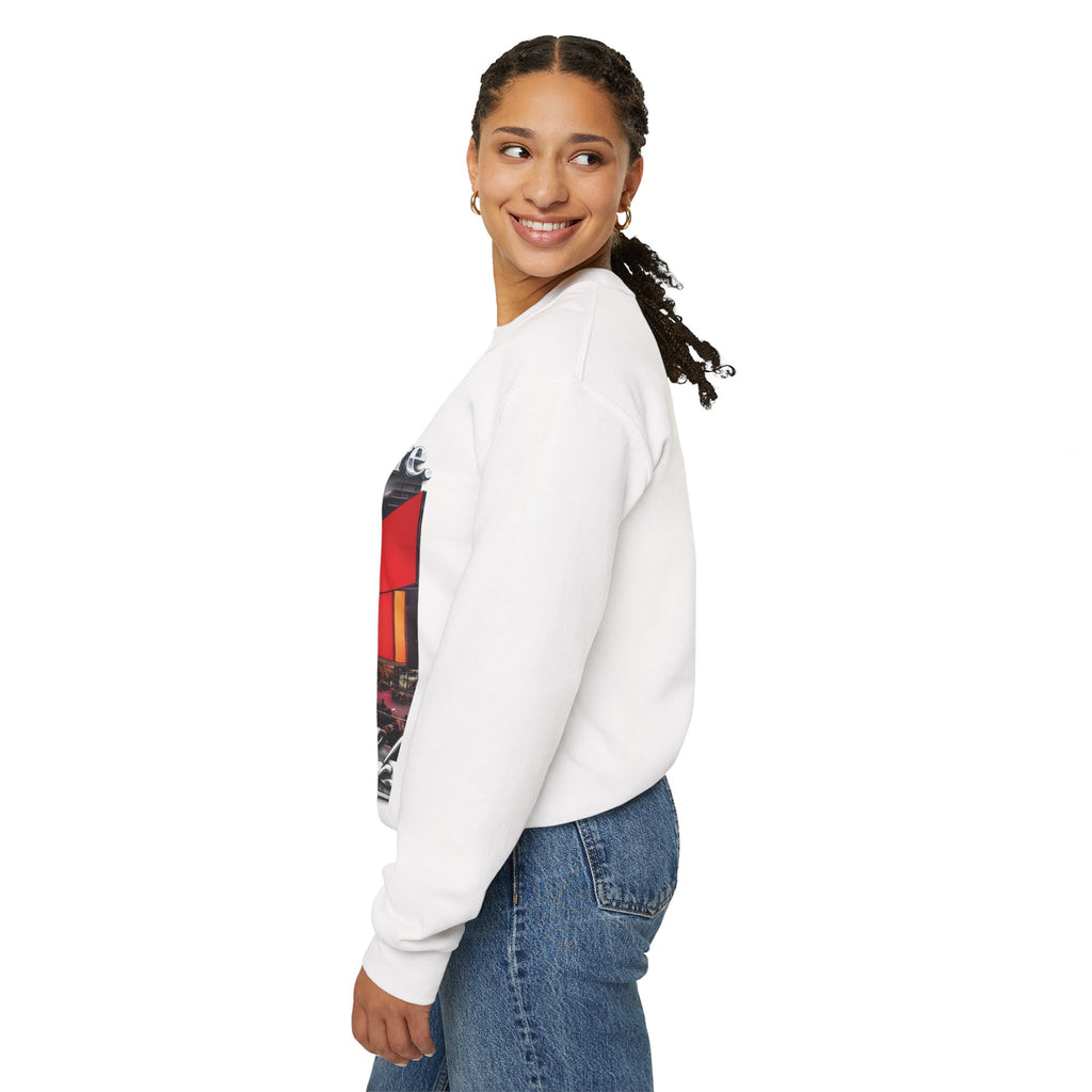 Crewneck Sweatshirt — Times Square Photo with Motivational Script “Nothing Out Here Helps You… That’s What Makes You Stronger” Printify