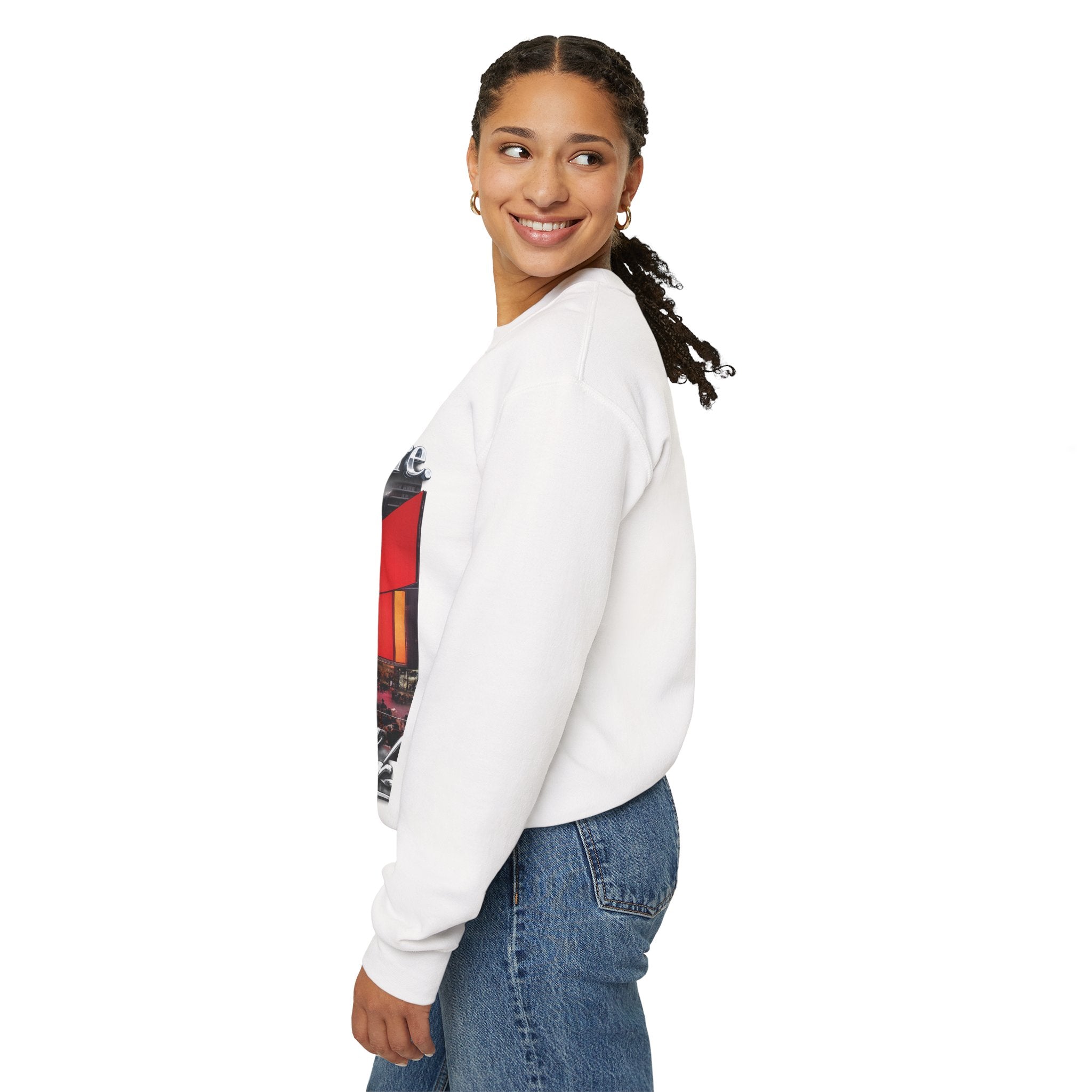Crewneck Sweatshirt — Times Square Photo with Motivational Script “Nothing Out Here Helps You… That’s What Makes You Stronger” Printify