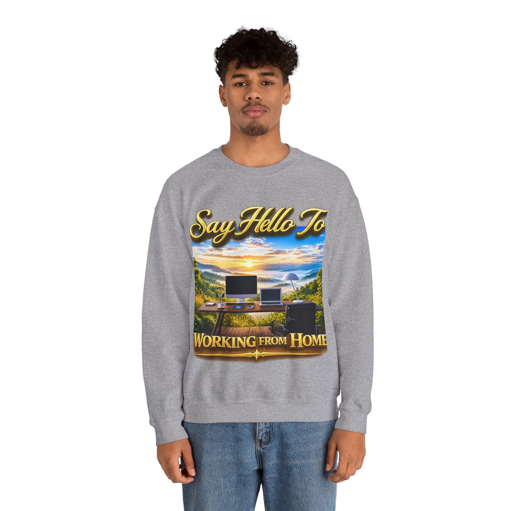 Working From Home Sweatshirt – "Say Hello To" Scenic Home Office Crewneck Printify
