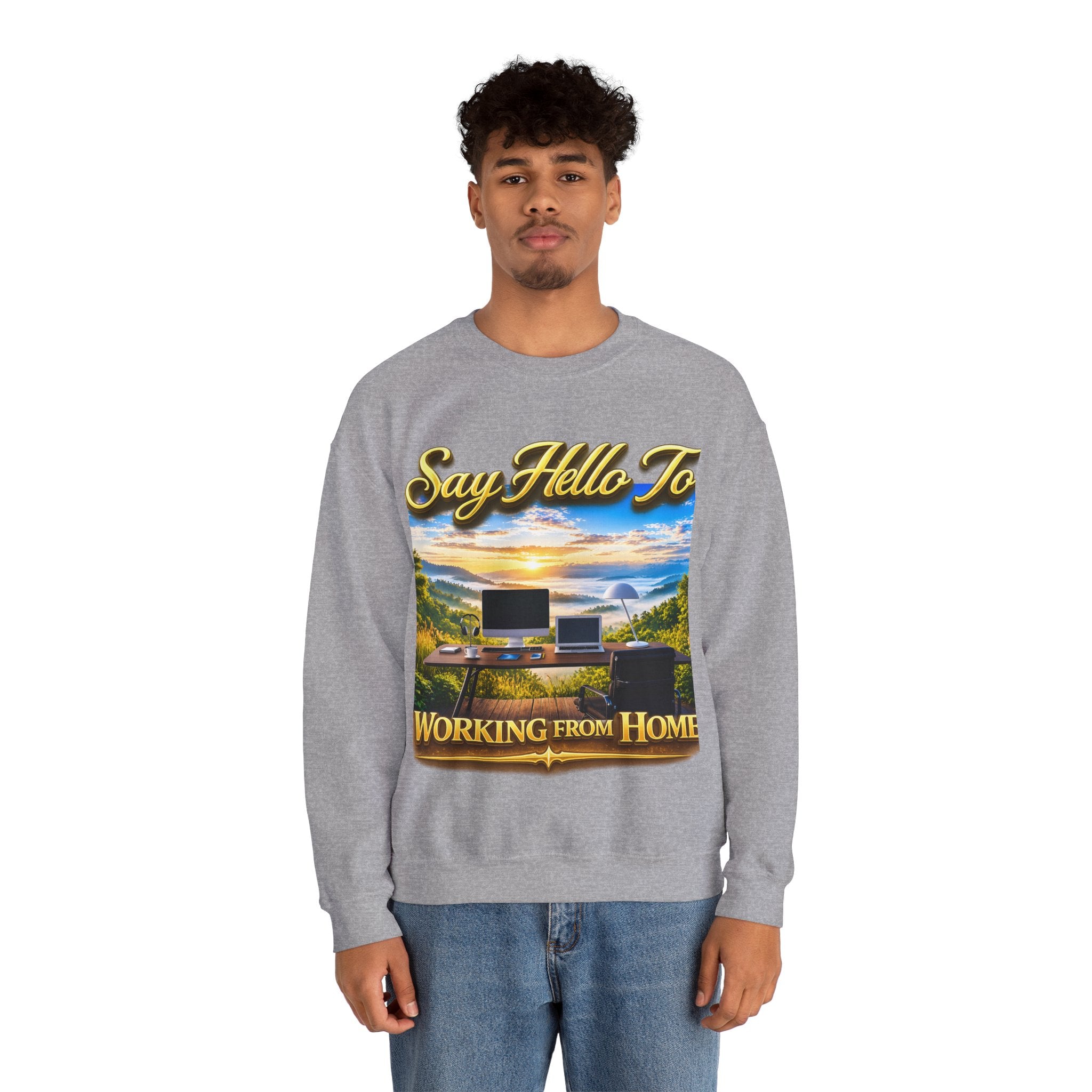 Working From Home Sweatshirt – "Say Hello To" Scenic Home Office Crewneck Printify
