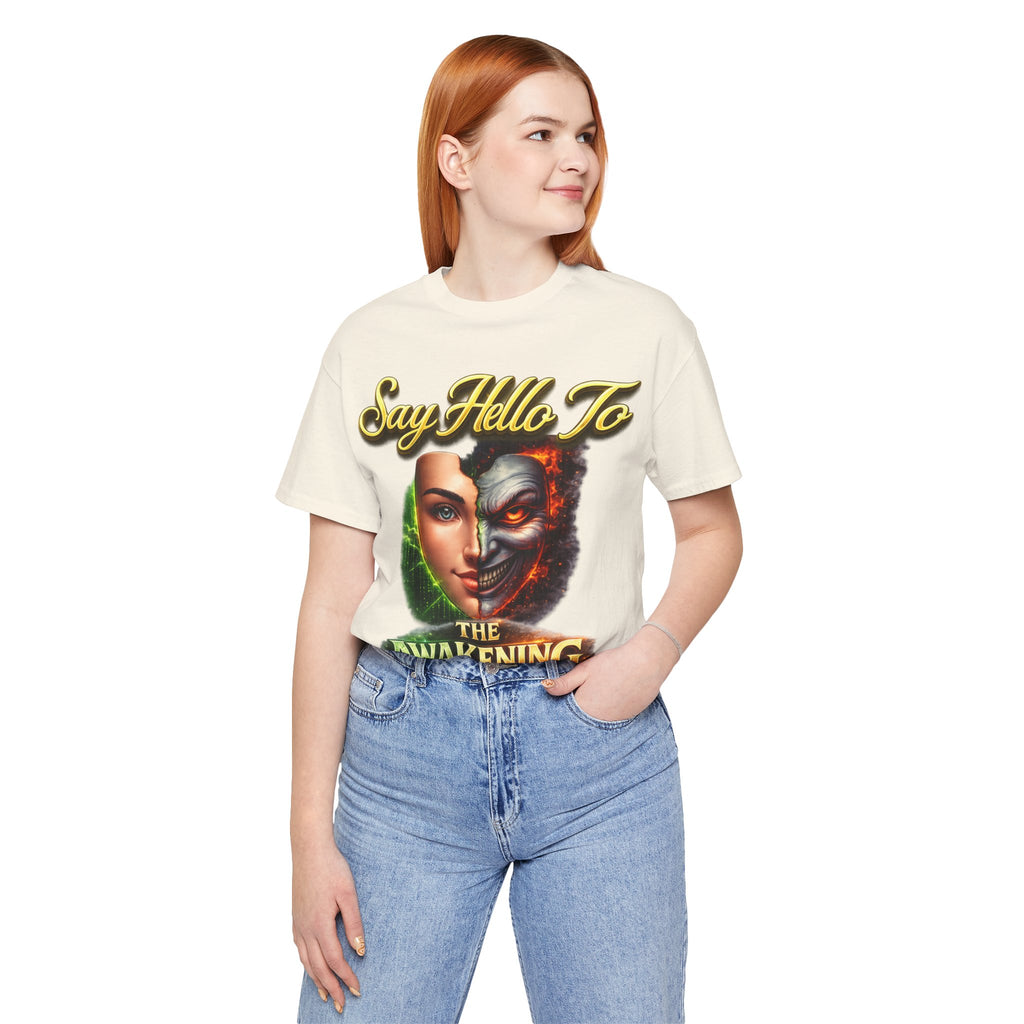 Horror Mask Split Face Tee — "Say Hello To Your Family and Friends" Graphic T-Shirt Printify