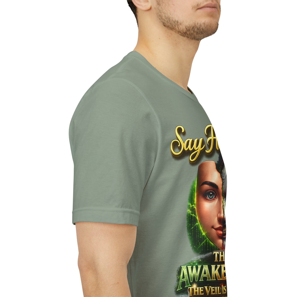 Horror Mask Split Face Tee — "Say Hello To Your Family and Friends" Graphic T-Shirt Printify