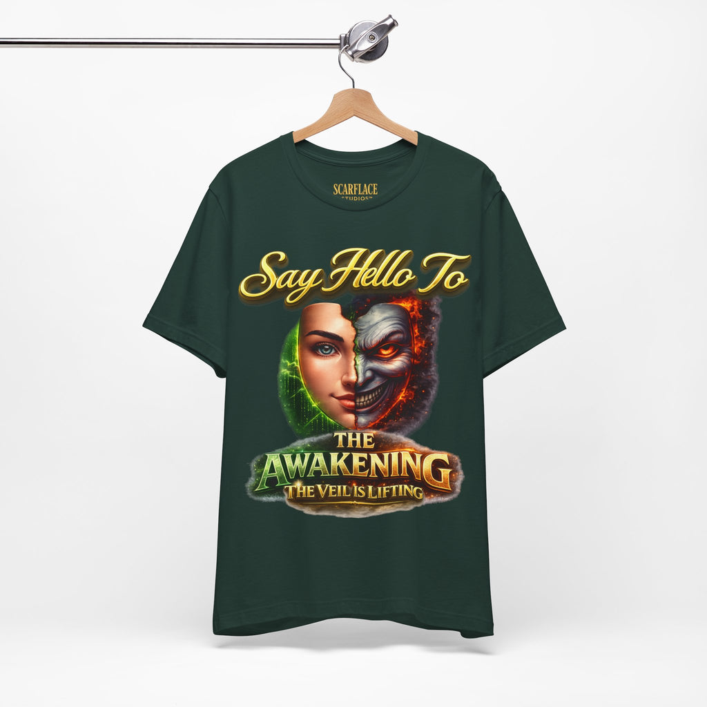 Horror Mask Split Face Tee — "Say Hello To Your Family and Friends" Graphic T-Shirt Printify