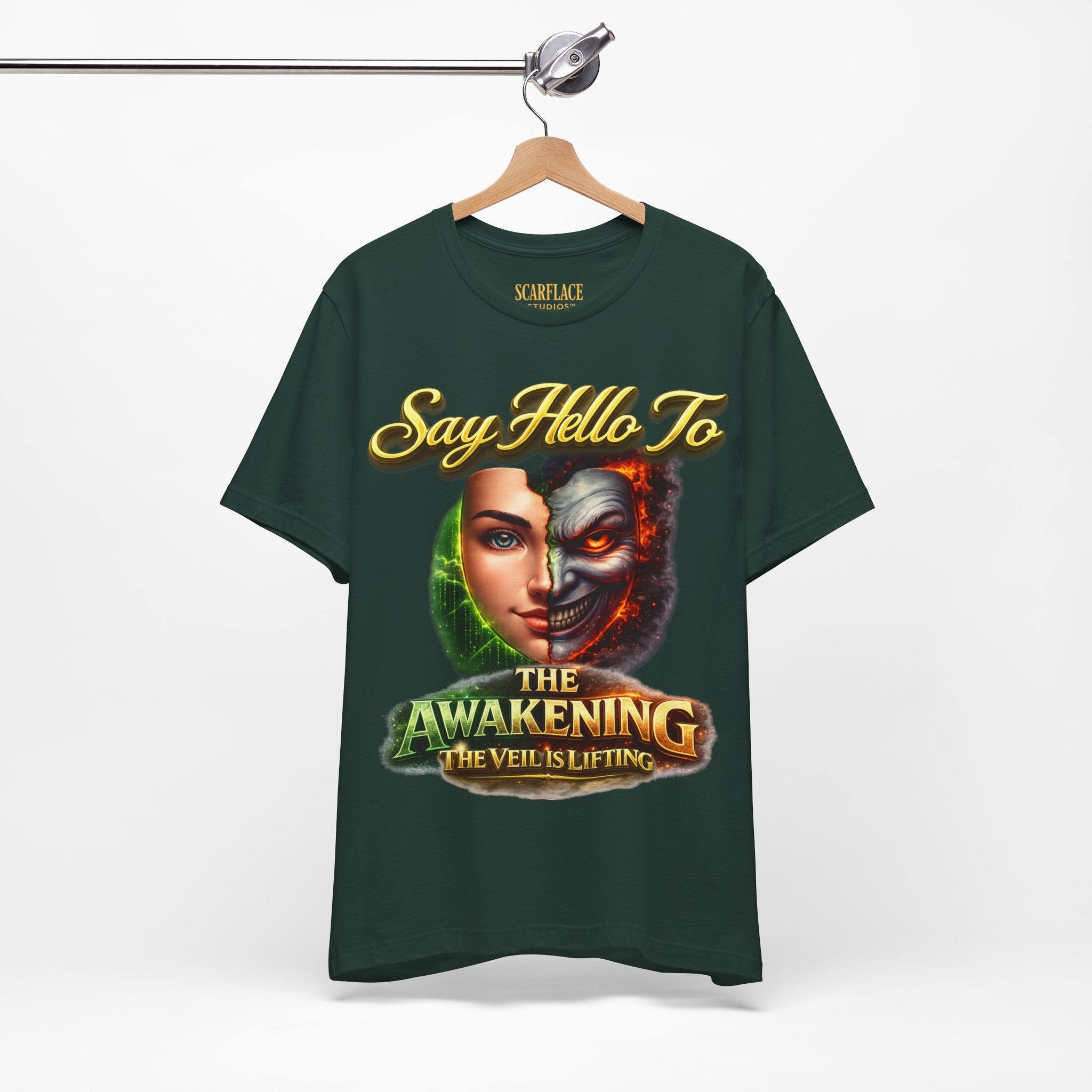 Horror Mask Split Face Tee — "Say Hello To Your Family and Friends" Graphic T-Shirt Printify