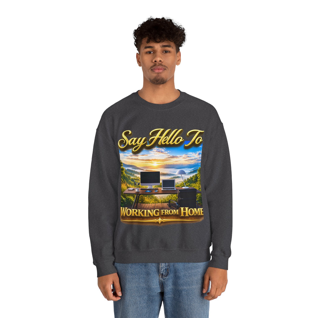 Working From Home Sweatshirt – "Say Hello To" Scenic Home Office Crewneck Printify