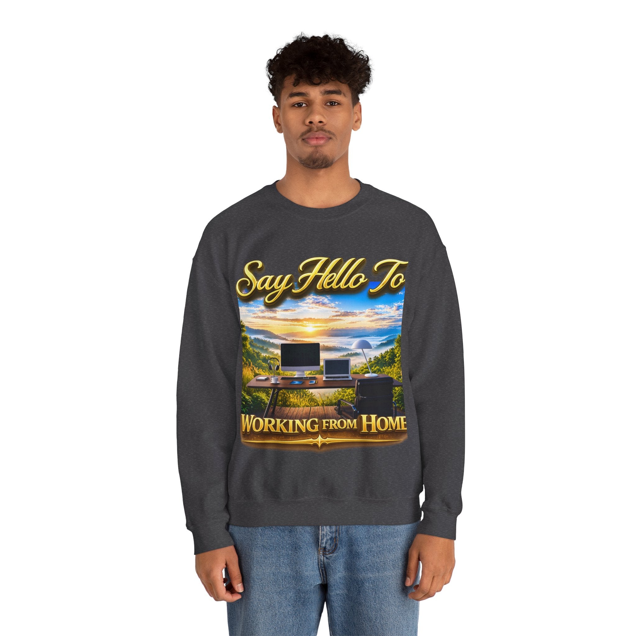 Working From Home Sweatshirt – "Say Hello To" Scenic Home Office Crewneck Printify