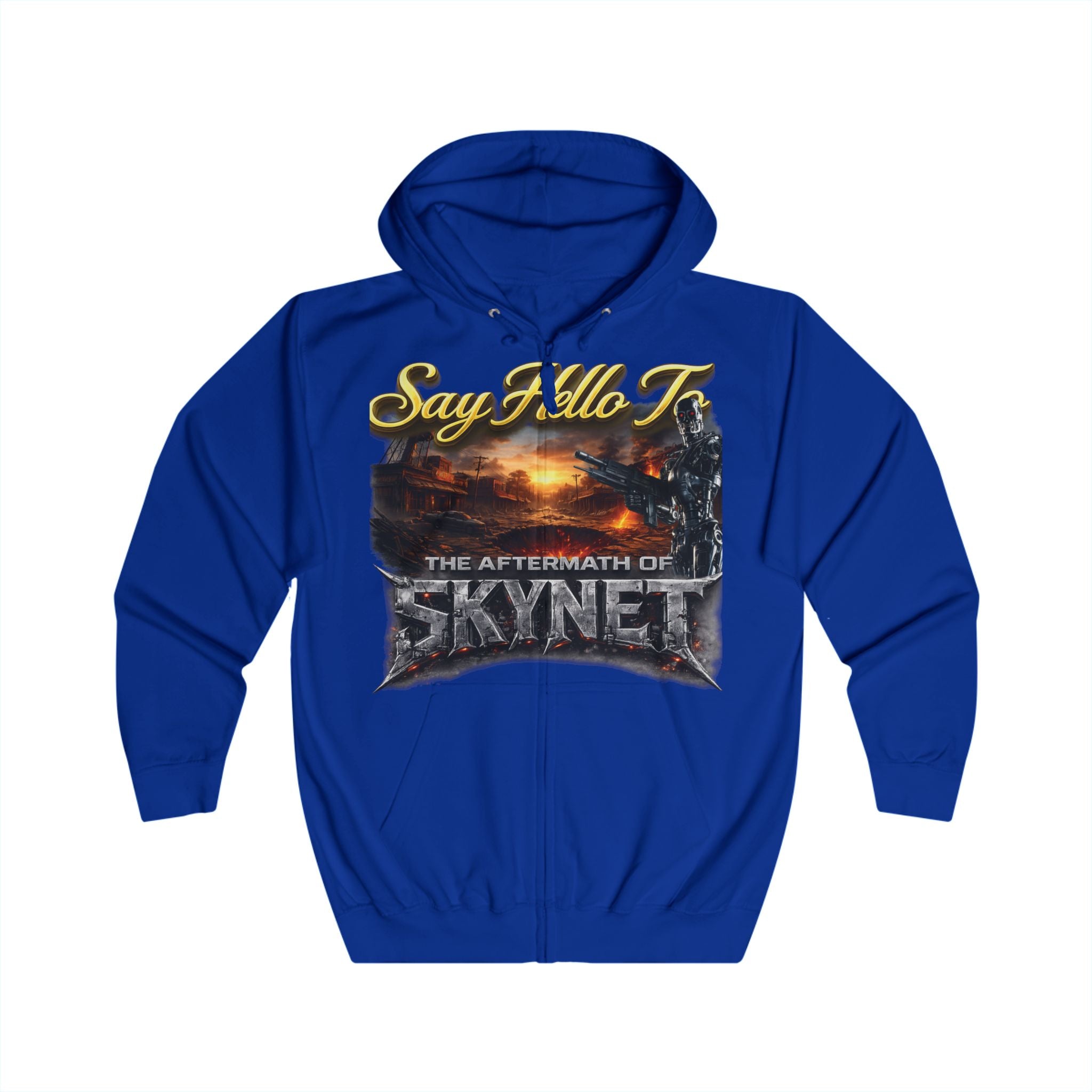 Skynet Aftermath Zip Hoodie — "Say Hello To" Post-Apocalyptic Graphic Hoodie Printify