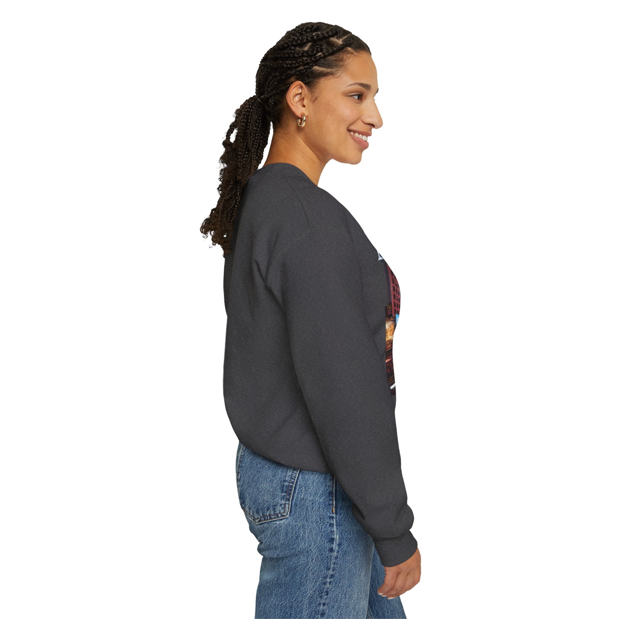 Crewneck Sweatshirt — Times Square Photo with Motivational Script “Nothing Out Here Helps You… That’s What Makes You Stronger” Printify