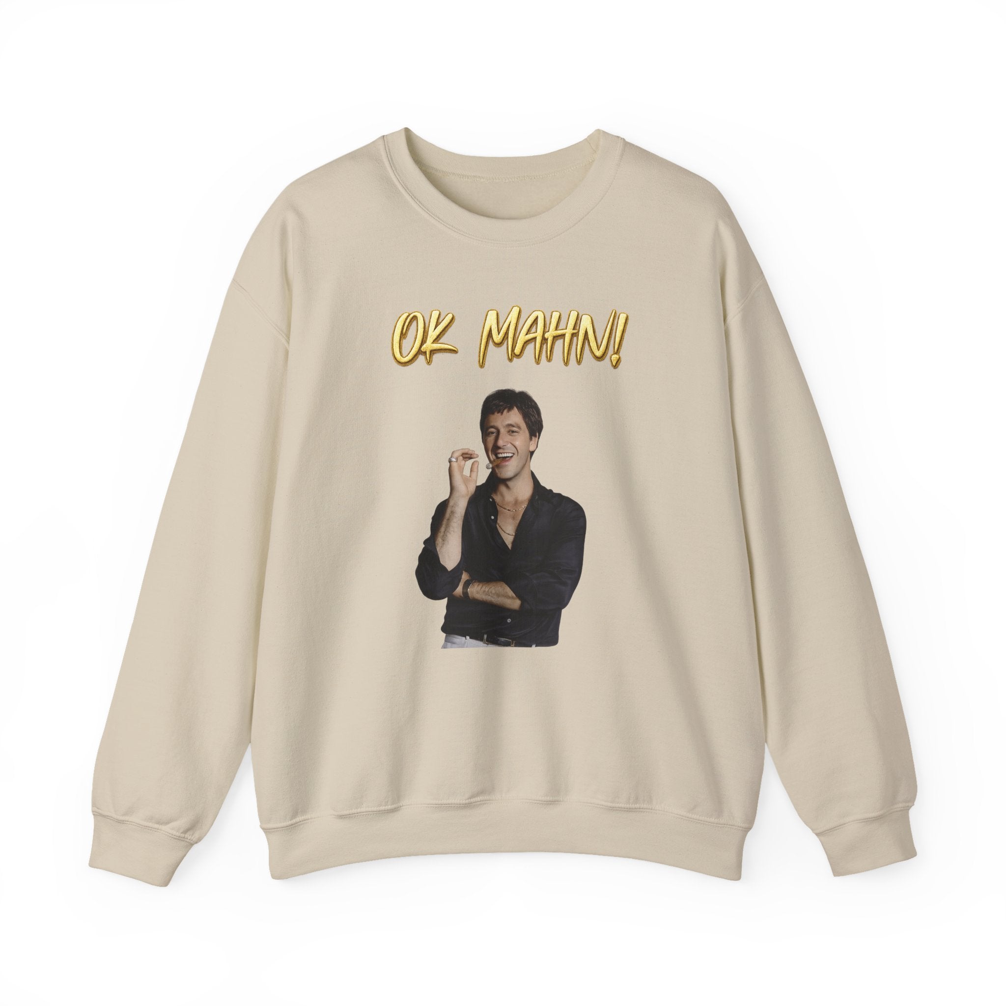 Crewneck Sweatshirt — 'Ok Mahn!' Gold Script Minimalist Streetwear Printify