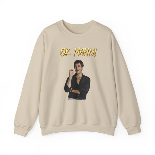 Crewneck Sweatshirt — 'Ok Mahn!' Gold Script Minimalist Streetwear Printify