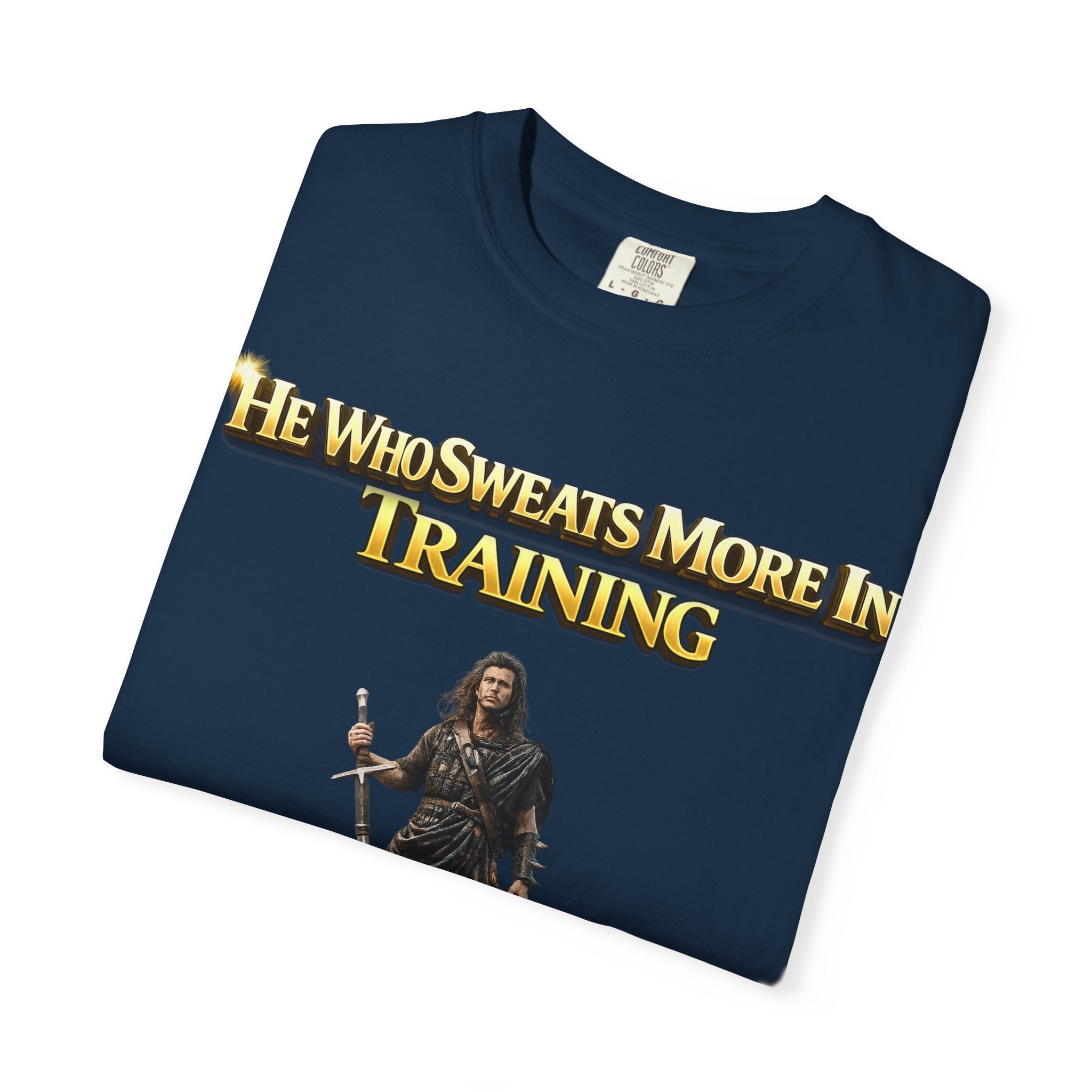 Training Warrior T-Shirt — "He Who Sweats More in Training Bleeds Less in Battle" Printify
