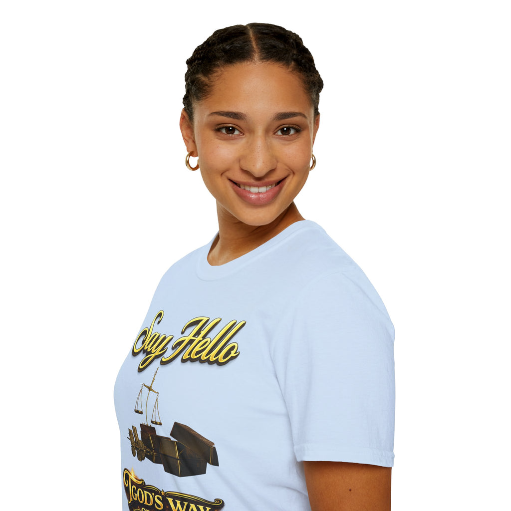 T-Shirt — "Say Hello" Money & Faith Graphic Tee (God's Way You Make Too Much Money) Printify
