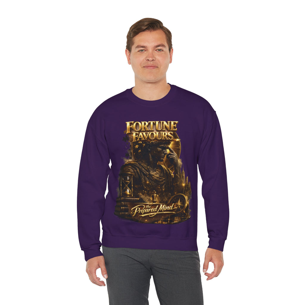Crewneck Sweatshirt — "Fortune Favors the Prepared Mind" Motivational Design Printify