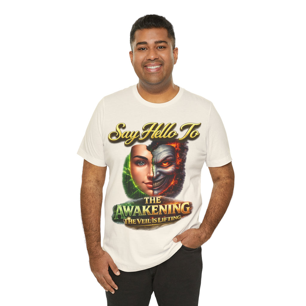 Horror Mask Split Face Tee — "Say Hello To Your Family and Friends" Graphic T-Shirt Printify