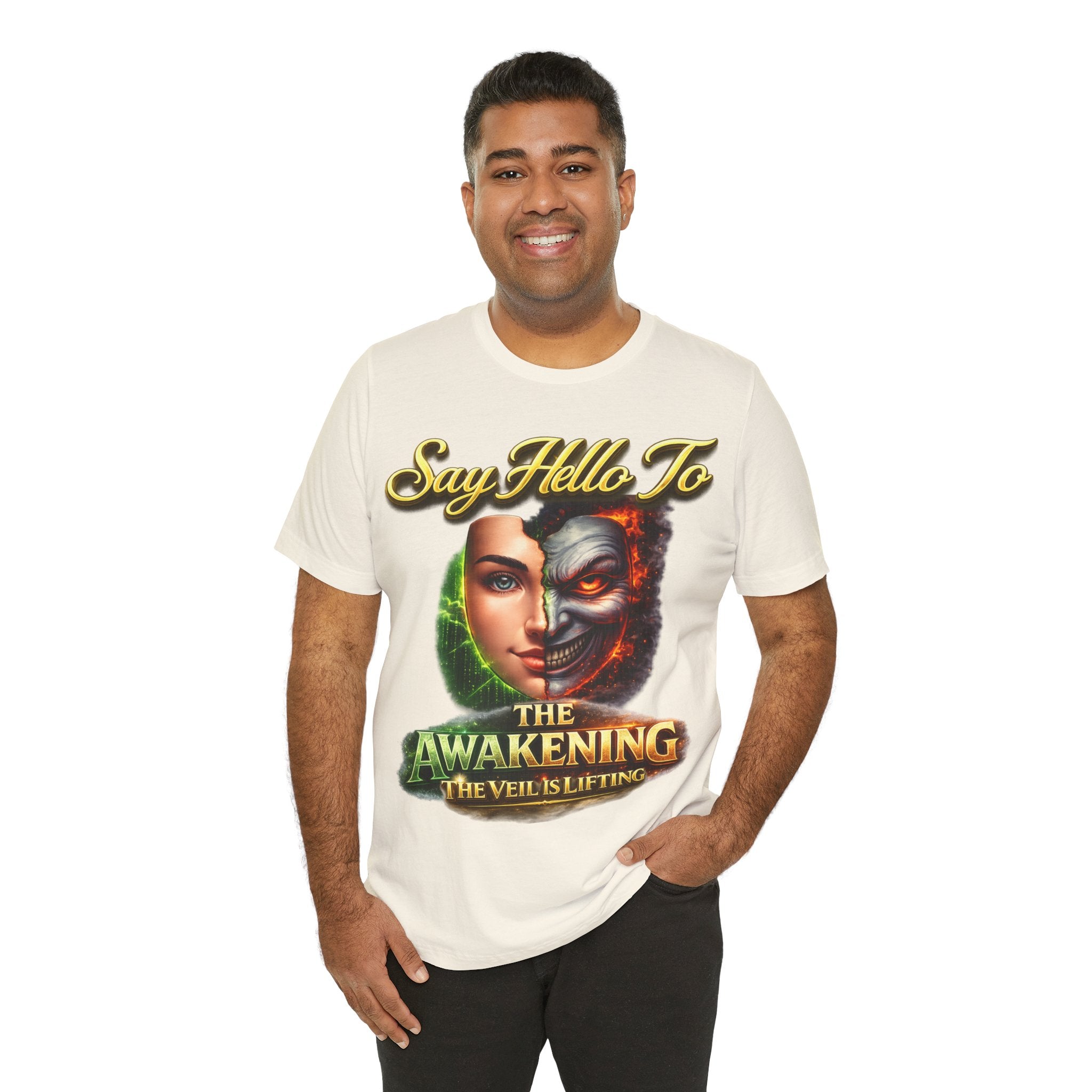 Horror Mask Split Face Tee — "Say Hello To Your Family and Friends" Graphic T-Shirt Printify