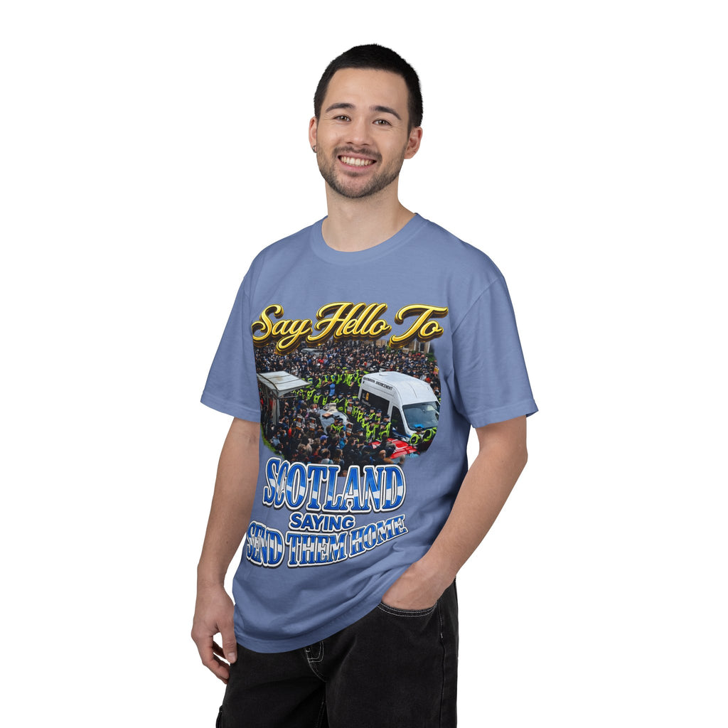 Graphic T-Shirt — "Say Hello to Scotland: Send Them Home" Protest Design Printify
