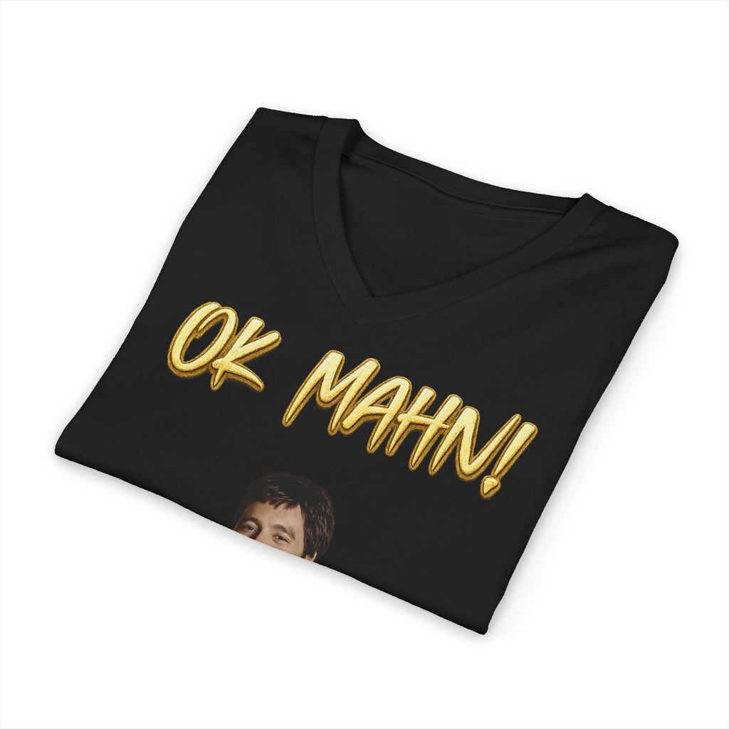 OK Mahn! V-Neck Tee — Vintage Laugh Meme T-Shirt Scarflace Studios Printify
