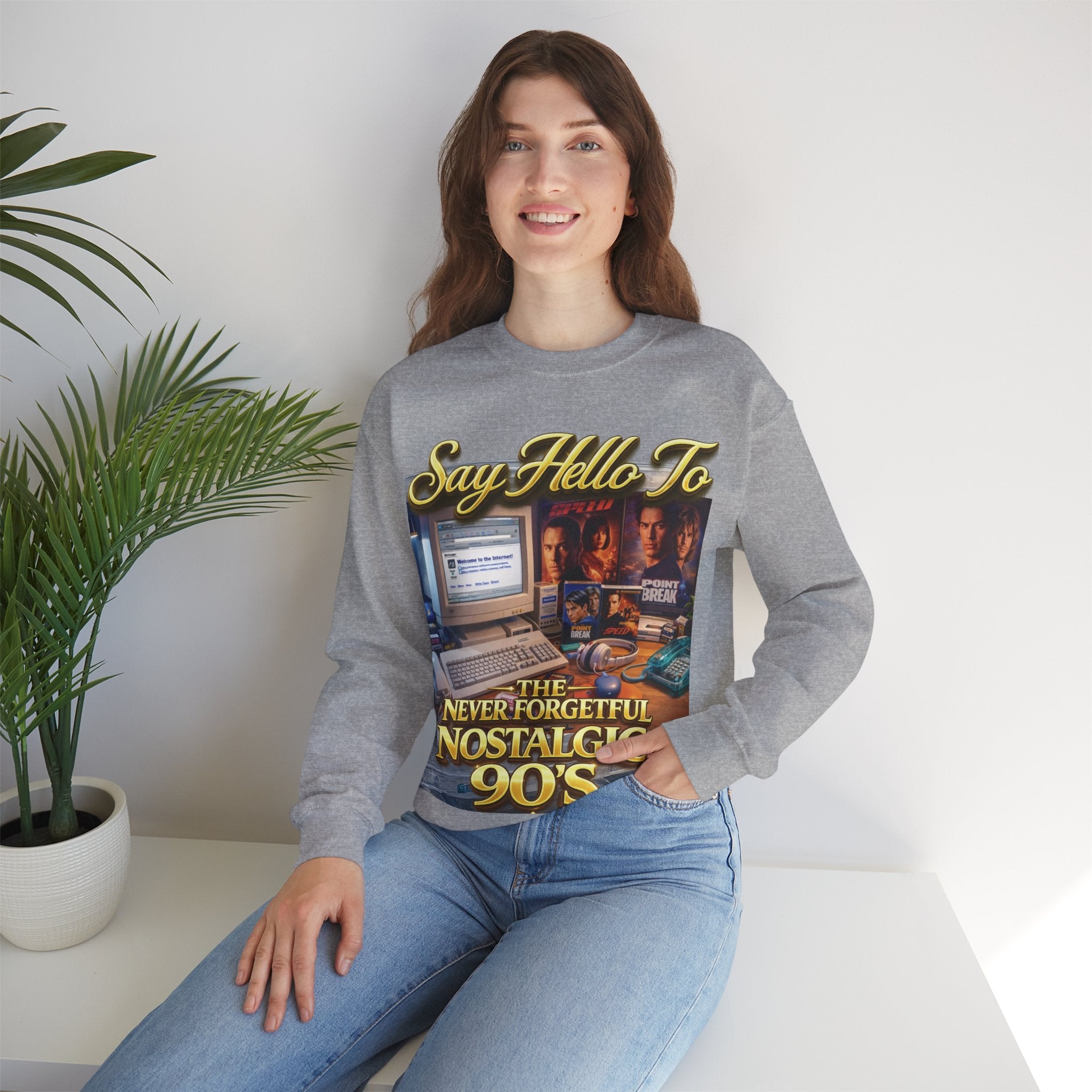 90s Nostalgia Crewneck Sweatshirt – "Say Hello To The Never Forgetful Nostalgic 90's" Printify