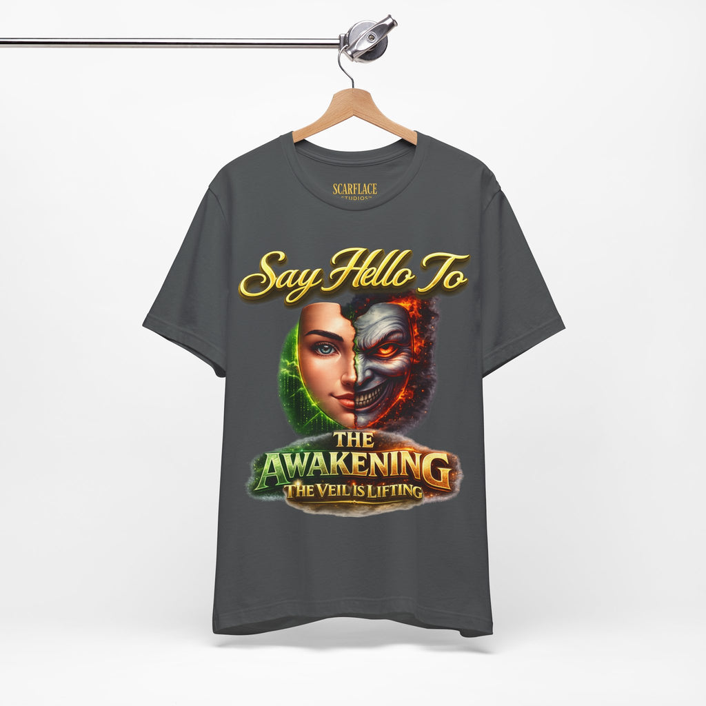Horror Mask Split Face Tee — "Say Hello To Your Family and Friends" Graphic T-Shirt Printify