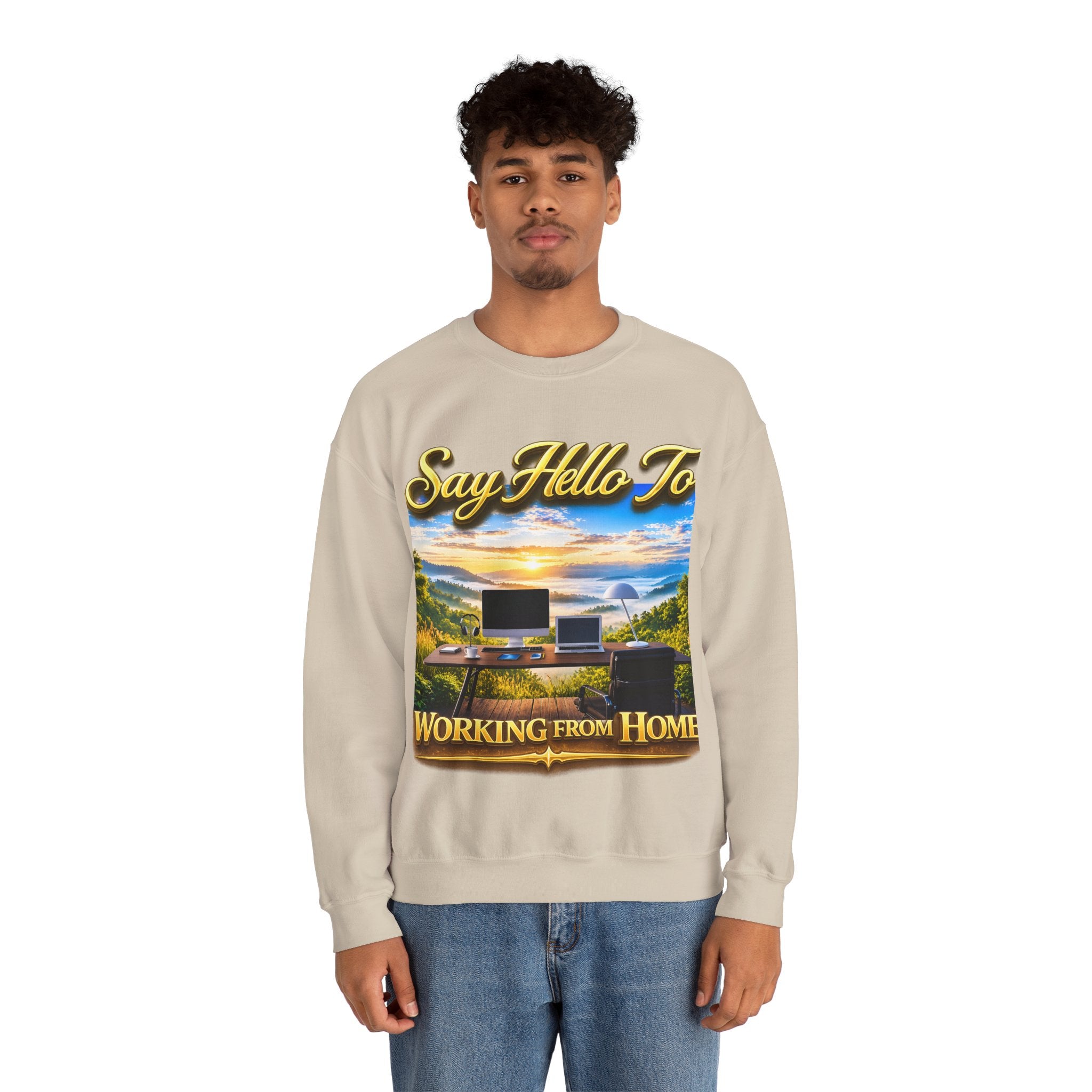 Working From Home Sweatshirt – "Say Hello To" Scenic Home Office Crewneck Printify