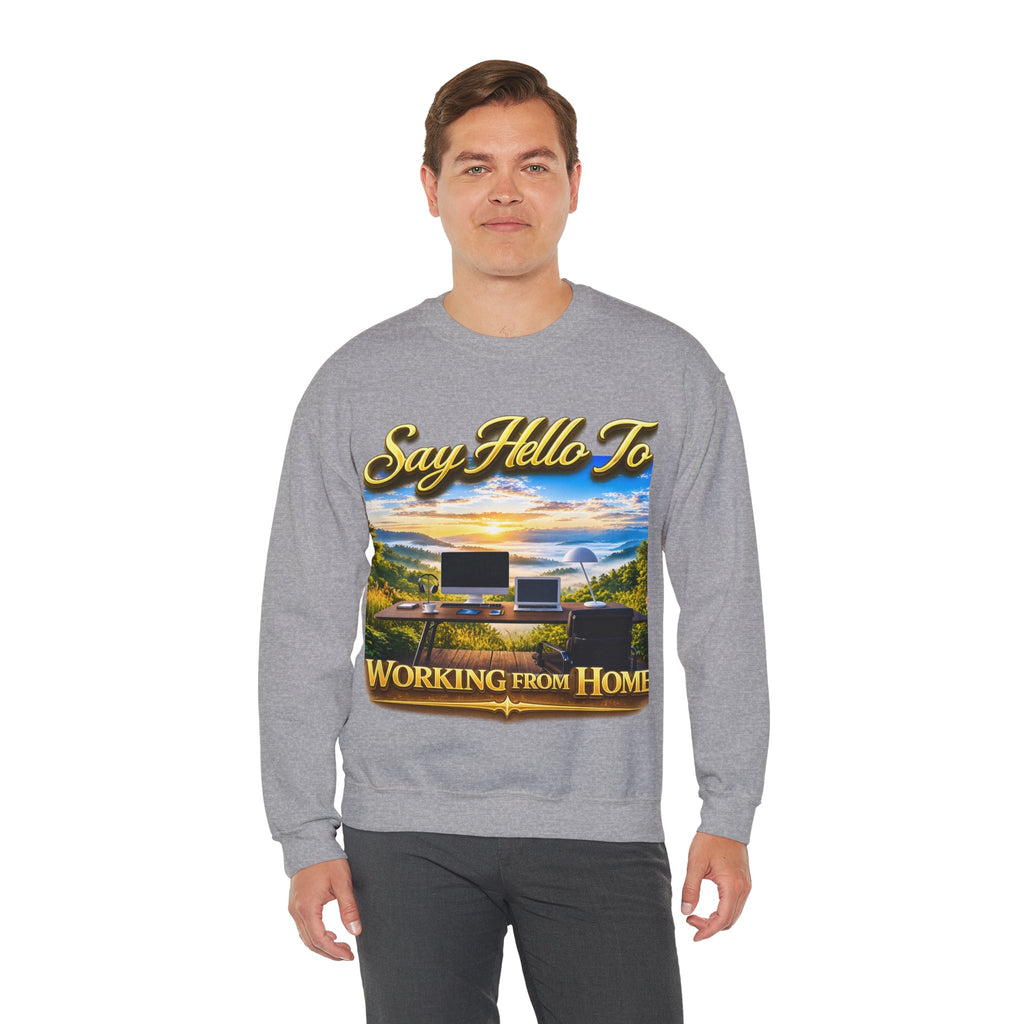 Working From Home Sweatshirt – "Say Hello To" Scenic Home Office Crewneck Printify