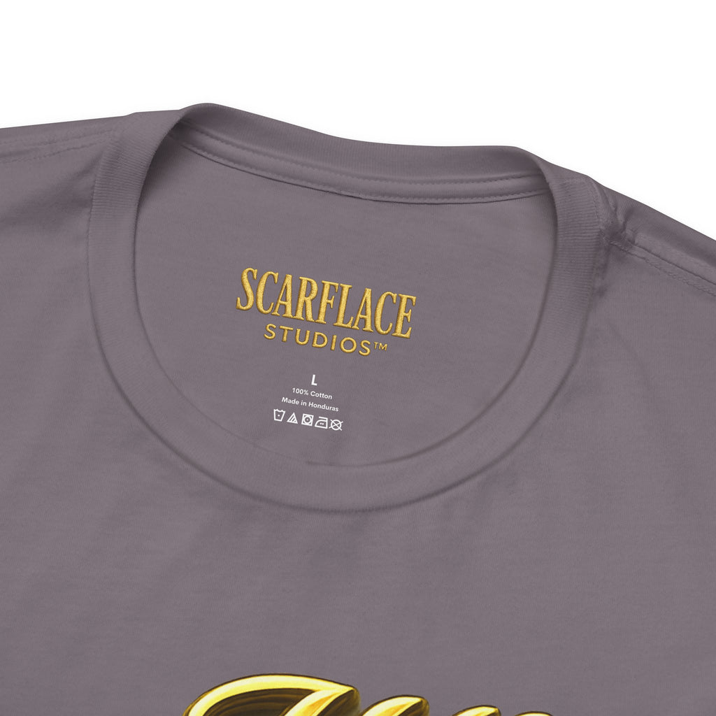 Horror Mask Split Face Tee — "Say Hello To Your Family and Friends" Graphic T-Shirt Printify