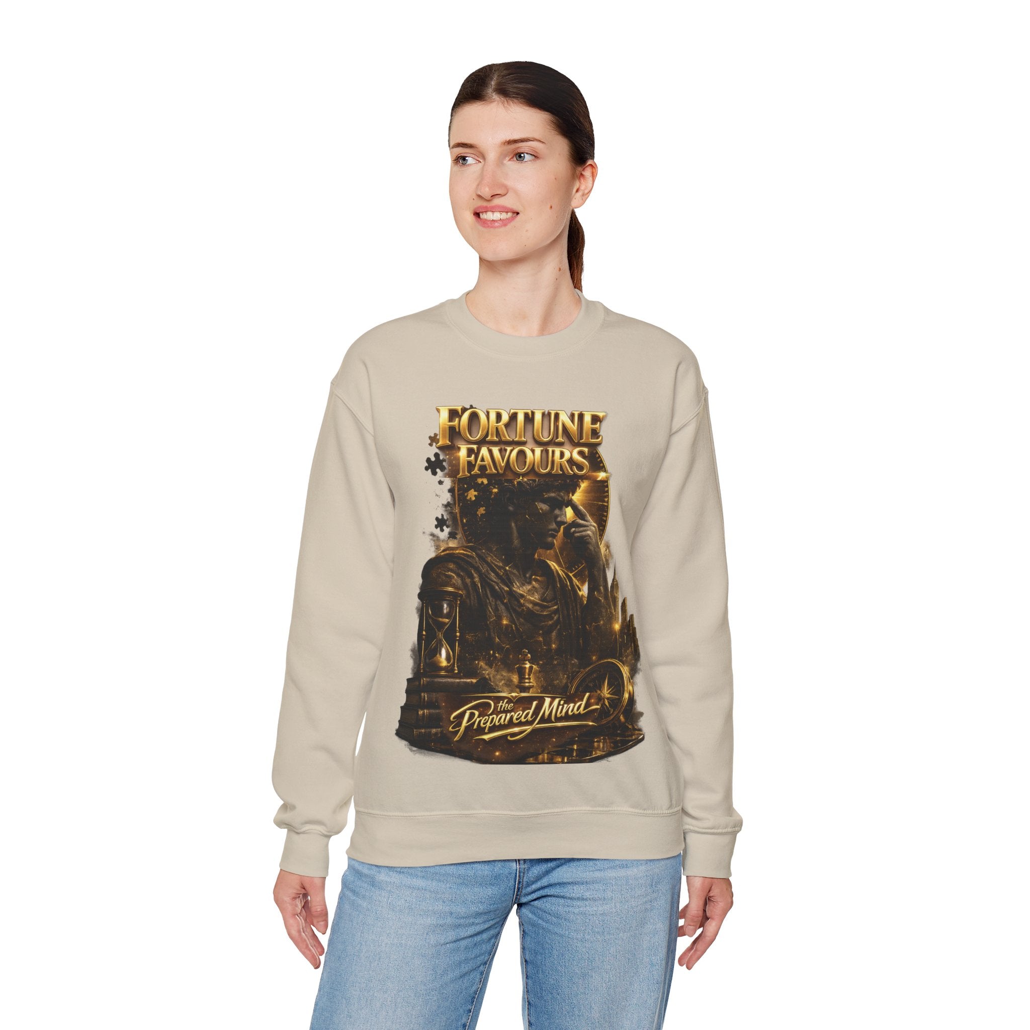 Crewneck Sweatshirt — "Fortune Favors the Prepared Mind" Motivational Design Printify
