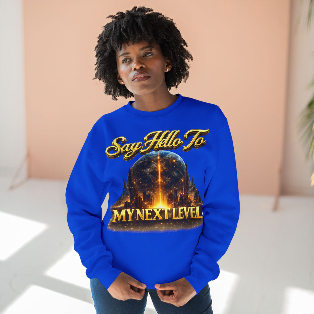 Crewneck Sweatshirt — "Say Hello to My Next Level" Golden Sci‑Fi City Graphic Printify