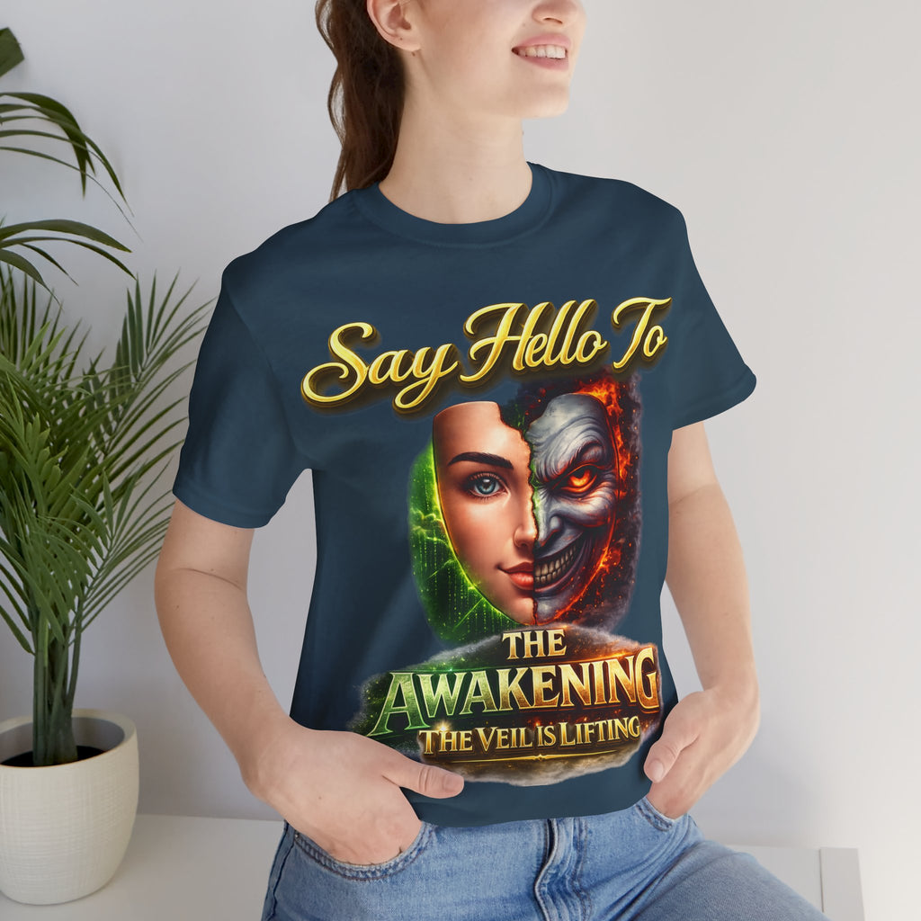 Horror Mask Split Face Tee — "Say Hello To Your Family and Friends" Graphic T-Shirt Printify
