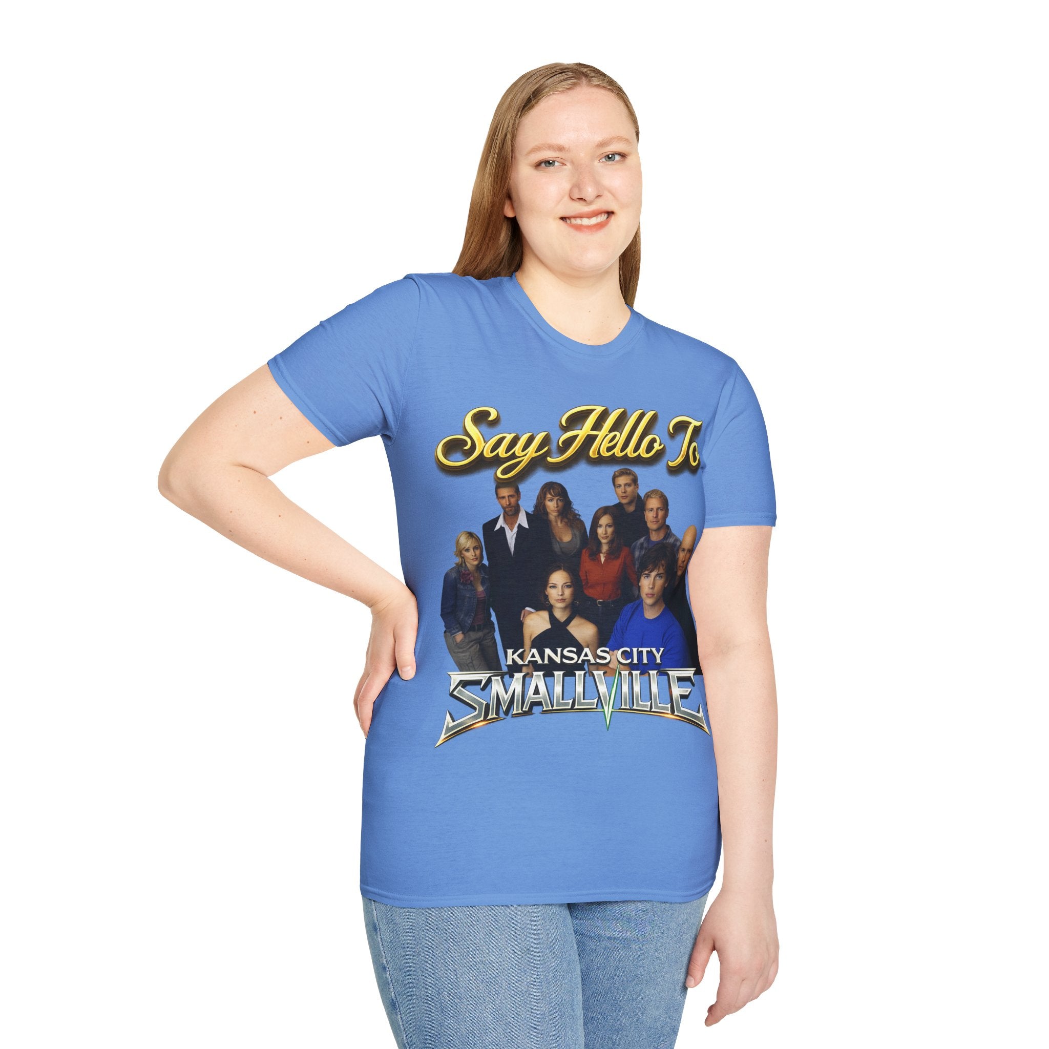 Smallville Cast T-Shirt – "Say Hello To" Kansas City Retro TV Logo Printify