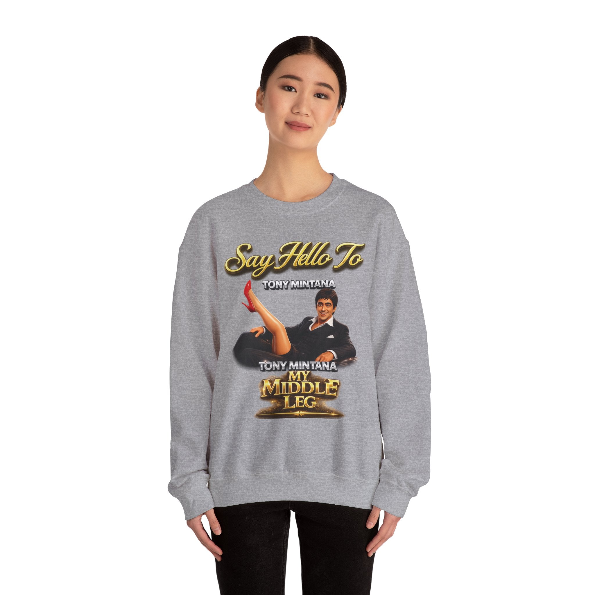 Scarface Parody Crewneck Sweatshirt — "Say Hello to My Middle Leg" Graphic Printify