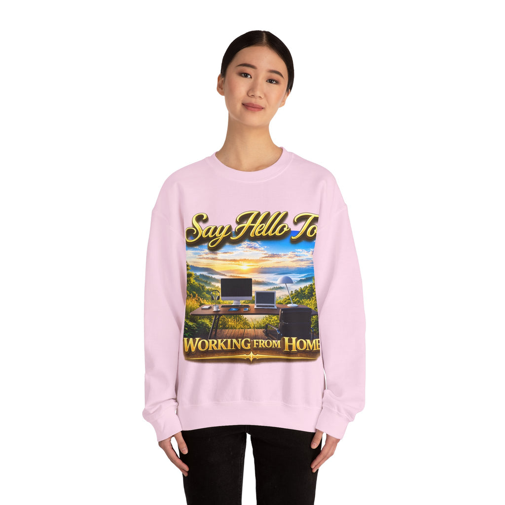 Working From Home Sweatshirt – "Say Hello To" Scenic Home Office Crewneck Printify