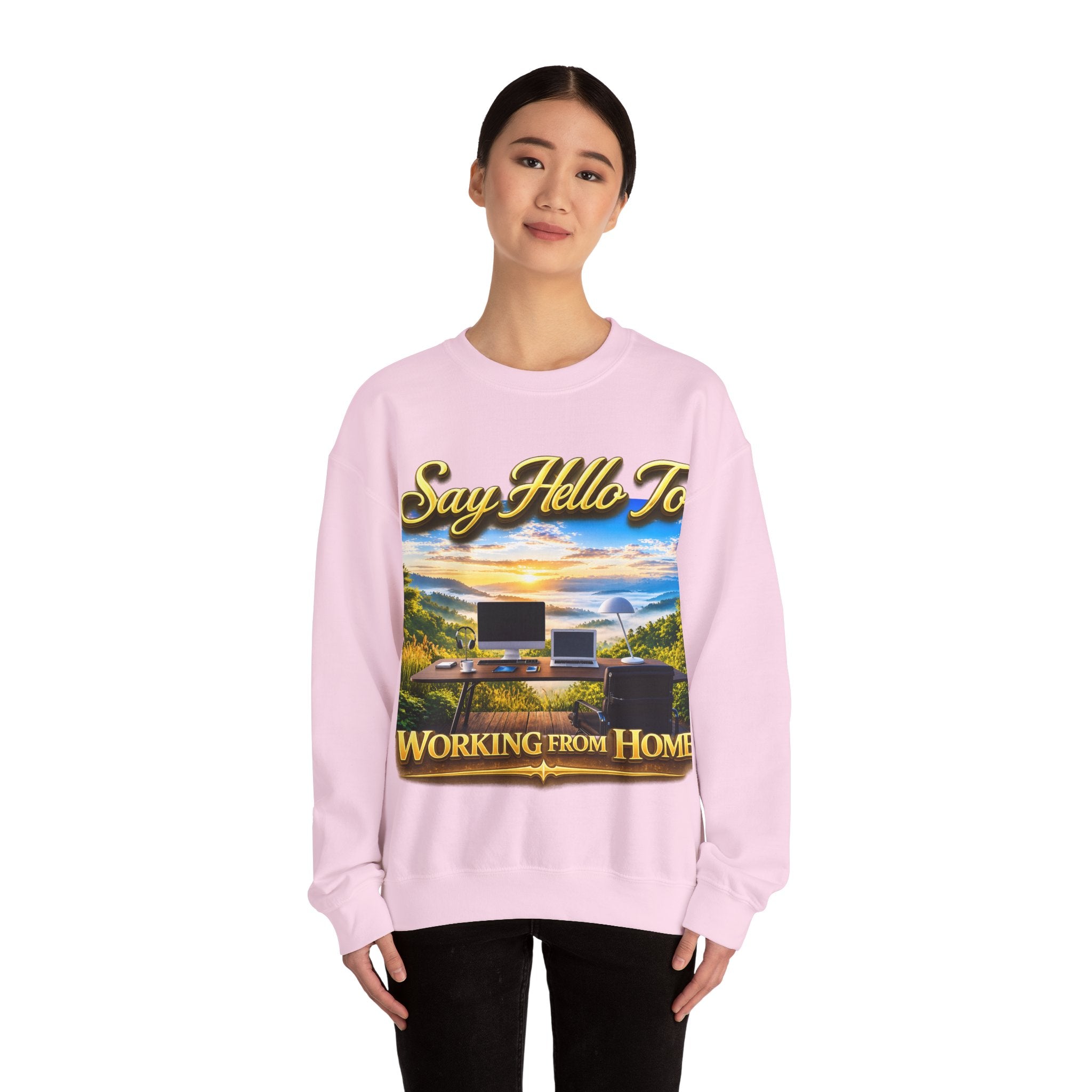 Working From Home Sweatshirt – "Say Hello To" Scenic Home Office Crewneck Printify