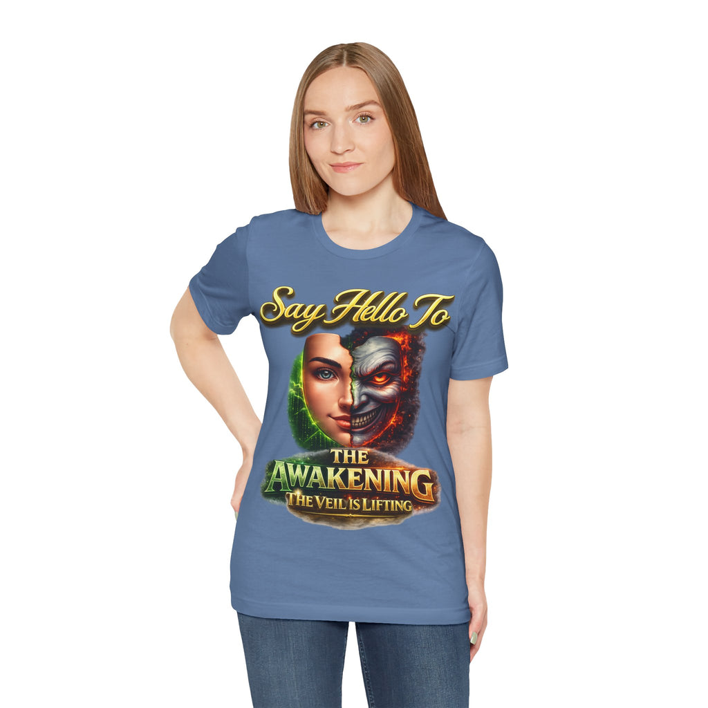 Horror Mask Split Face Tee — "Say Hello To Your Family and Friends" Graphic T-Shirt Printify